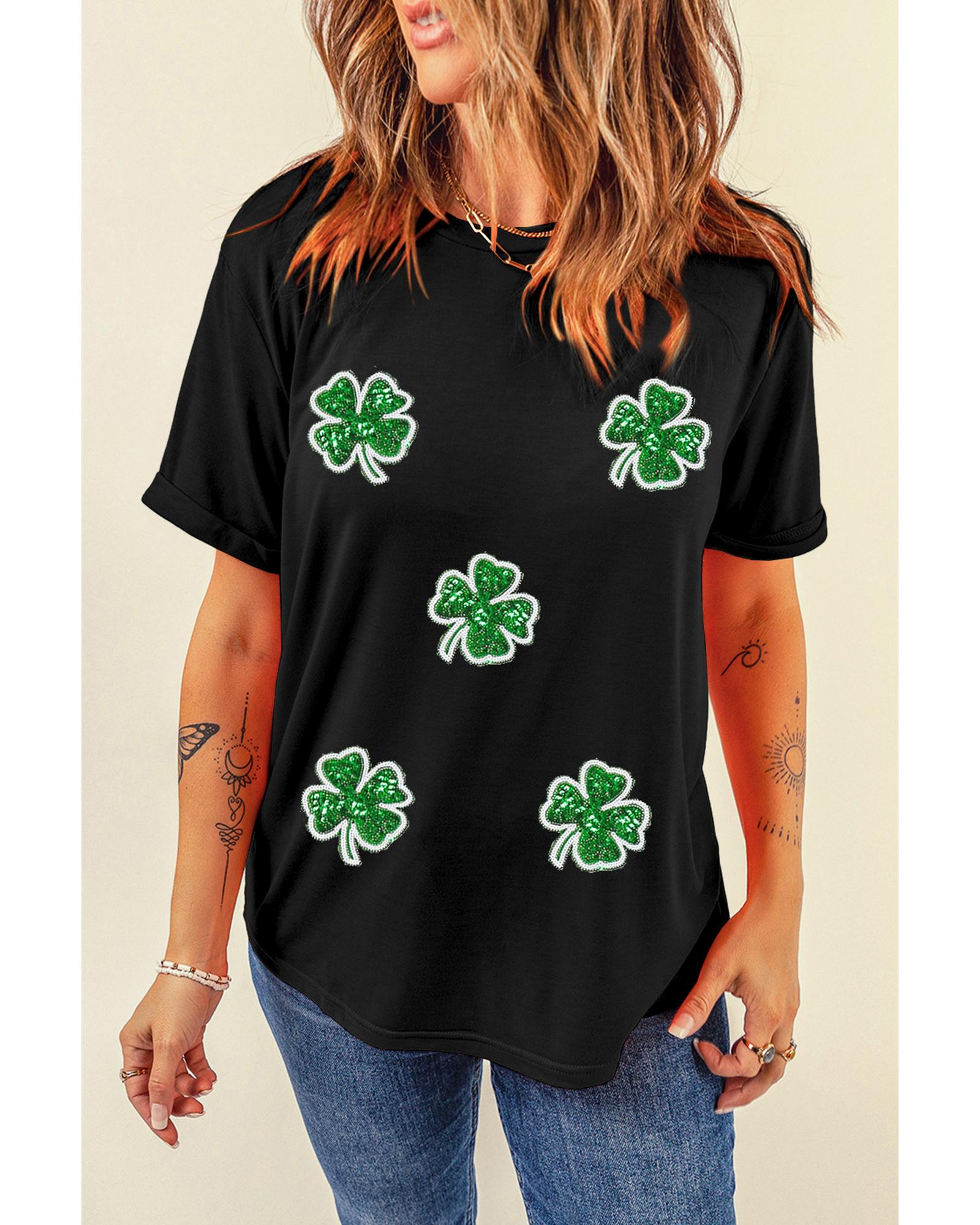 V539-AZEXDC25228037-2-M-202508270425-00 Black Four Leaf Clover Graphic St. Patricks Crewneck Tee - M - Image 1