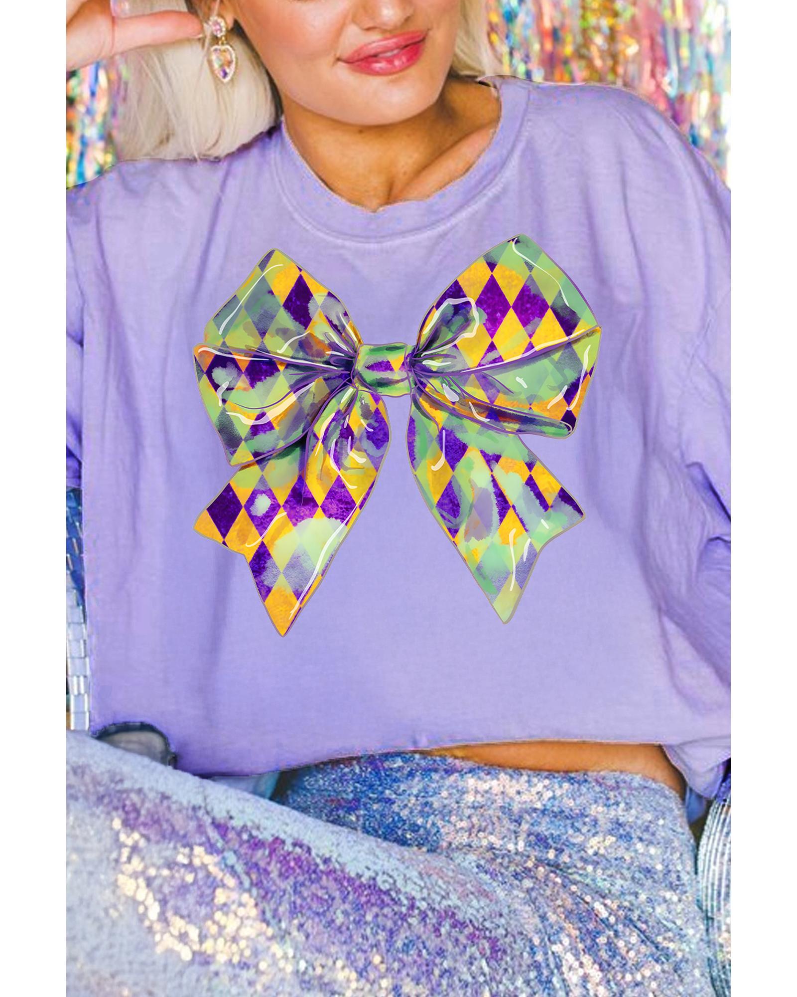 V539-AZEXDC25228042-P208-S-202508271335-00 Wisteria Mardi Gras Bowknot Pattern Crew Neck T Shirt - S - Image 1