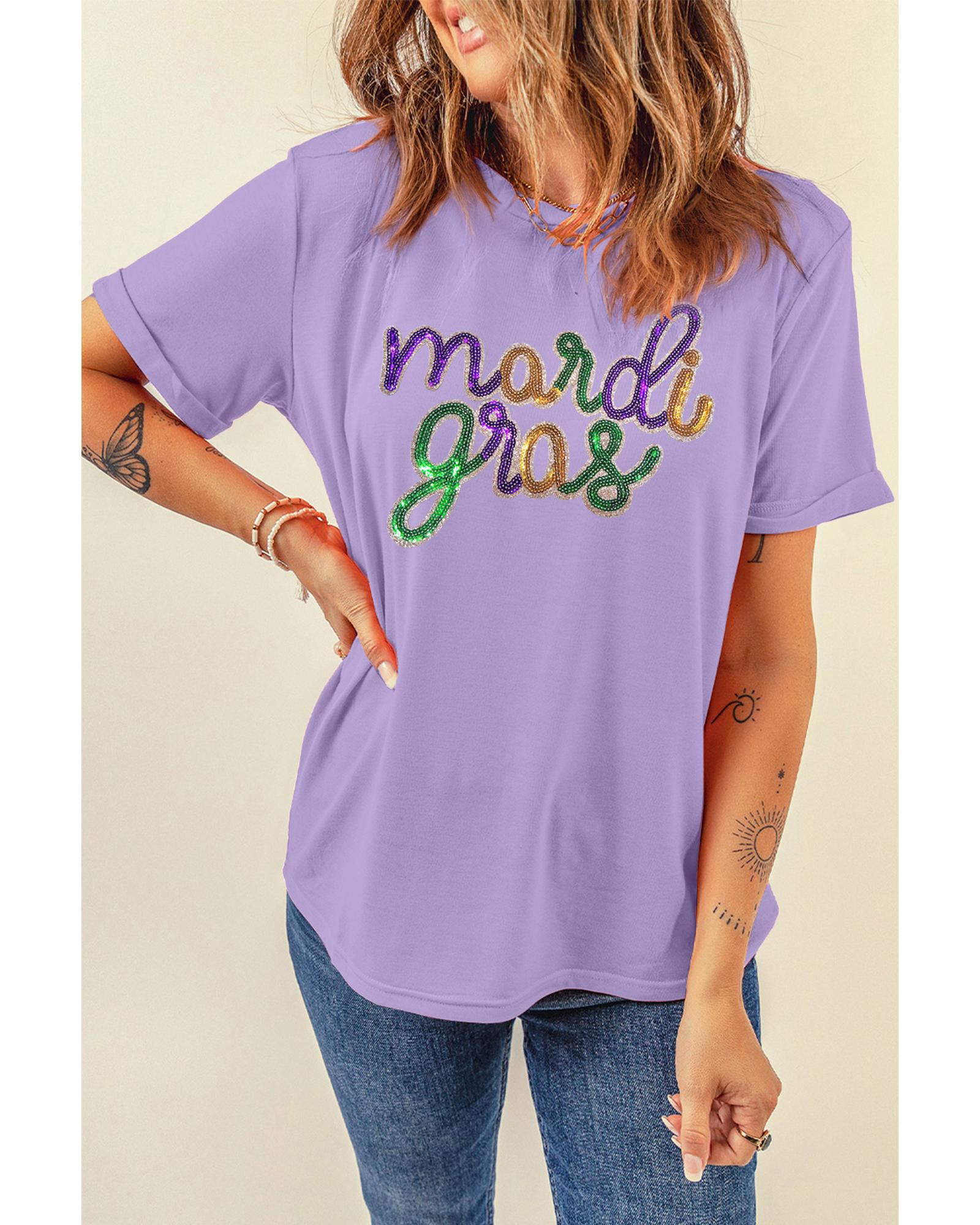 V539-AZEXDC25228047-P208-S-202508271410-00 Wisteria Sequin mardi gras Graphic T Shirt - S - Image 1