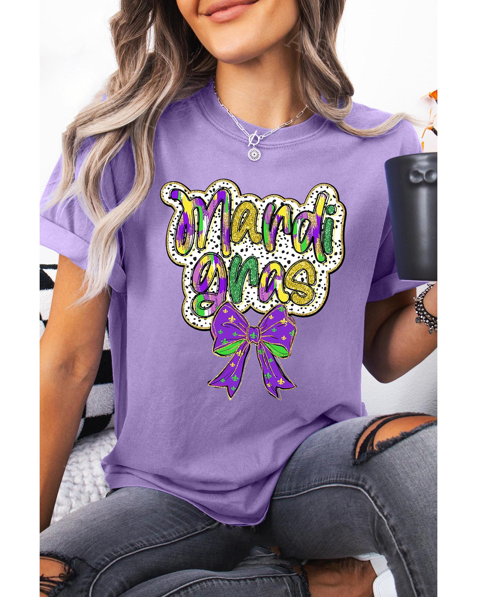 V539-AZEXDC25228127-P208-S-202508281420-00 Wisteria mardi gras Bow Printed Crewneck Holiday T Shirt - S - Image 1