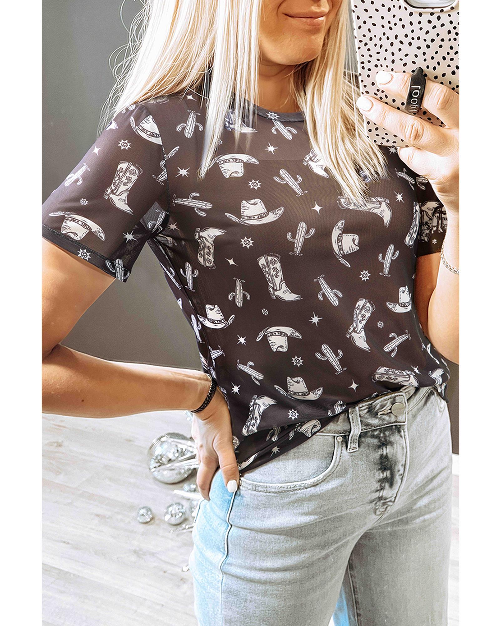 V539-AZEXDC25228209-P220-L-202508300440-00 Black Western Pattern Mesh Sheer Crew Neck T Shirt - L - Image 1