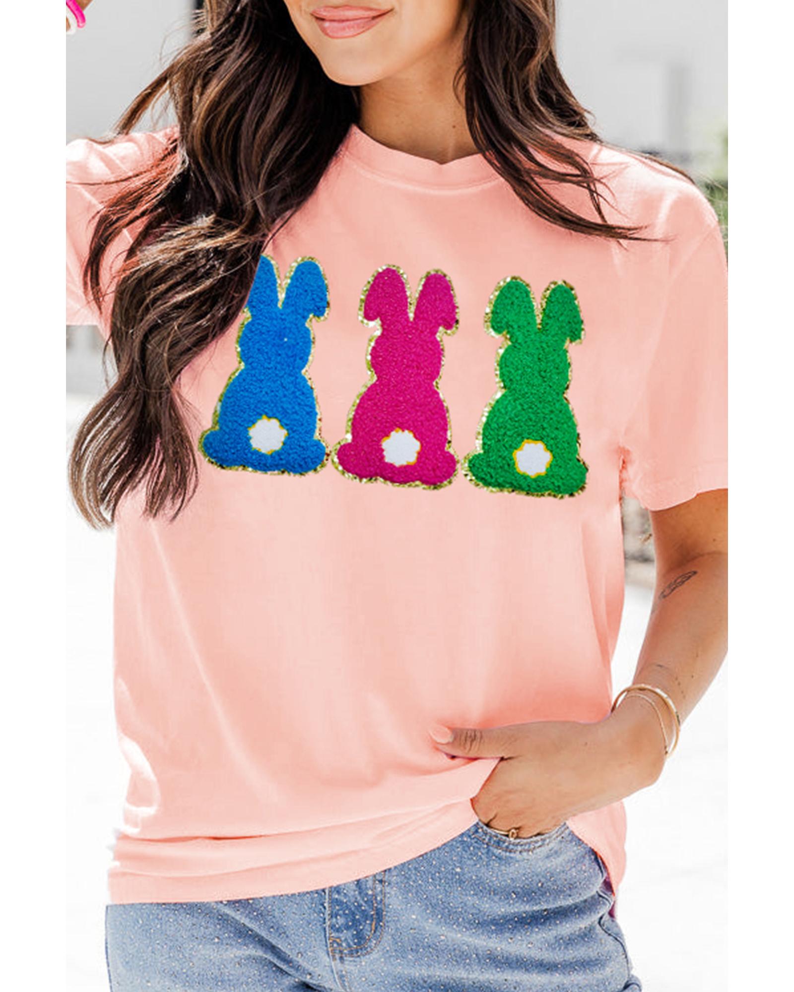 V539-AZEXDC25228306-10-3XL-202508281315-00 Pink Easter Bunny Chenille Patched Graphic Tee - 3XL - Image 1