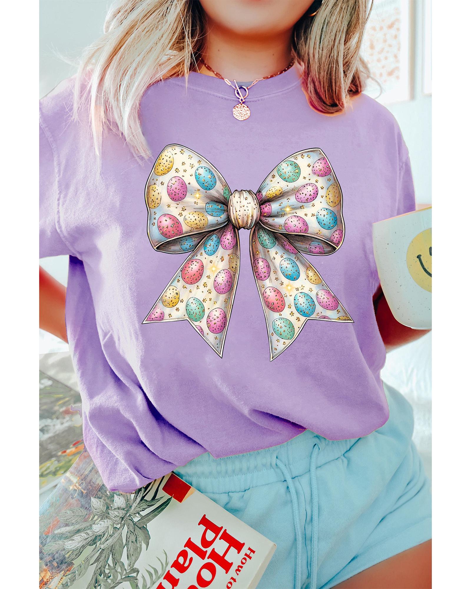 V539-AZEXDC25228536-P208-M-202508300700-00 Wisteria Celebrative Easter Eggs Bow Print Casual T Shirt - M - Image 1