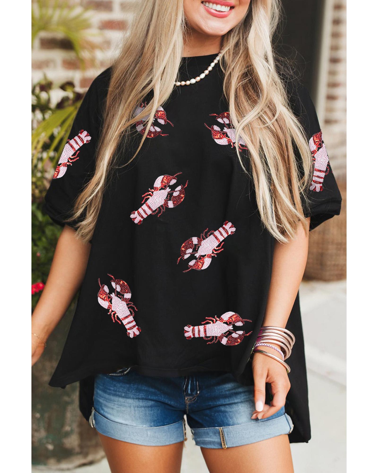 V539-AZEXDC25228537-P2-L-202508280855-00 Black Sequin Crayfish Graphic Drop Sleeve High Low Tee - L - Image 1