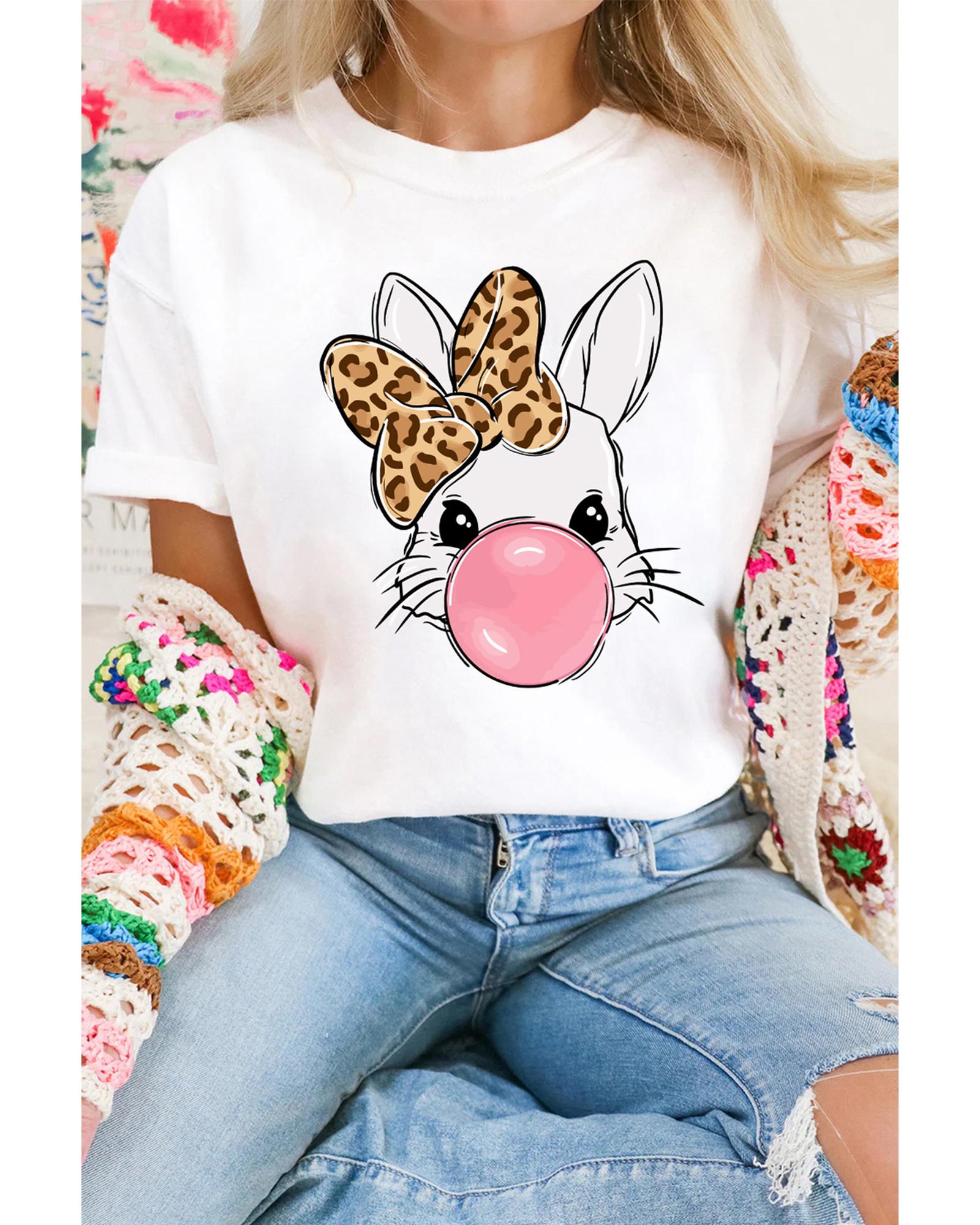 V539-AZEXDC25228545-1-3XL-202508300210-00 White Leopard Bow Bubble Rabbit Graphic Tee - 3XL - Image 1