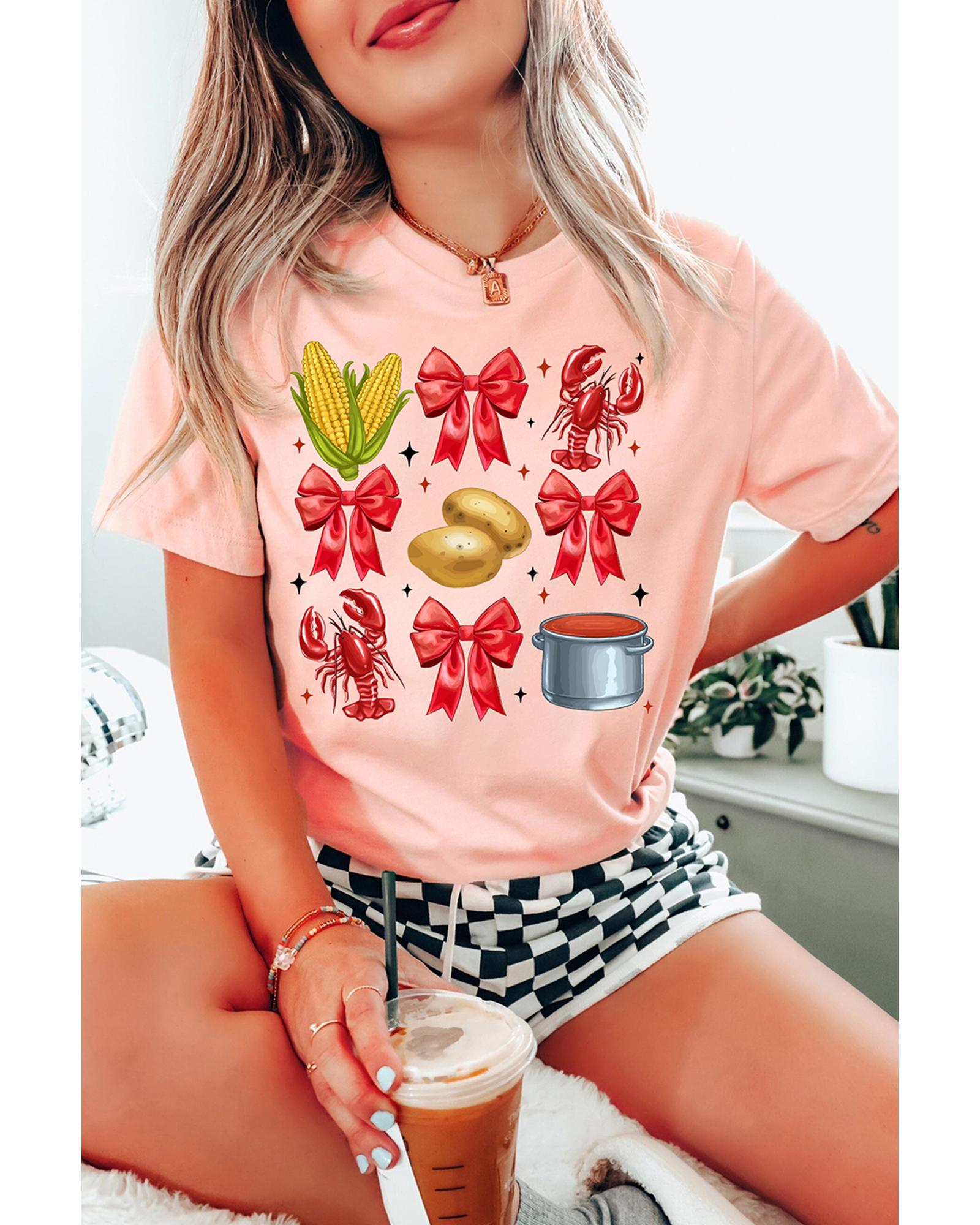V539-AZEXDC25228550-10-2XL-202508291845-00 Pink Summer Food Bow Crawfish Printed T Shirt - 2XL - Image 1