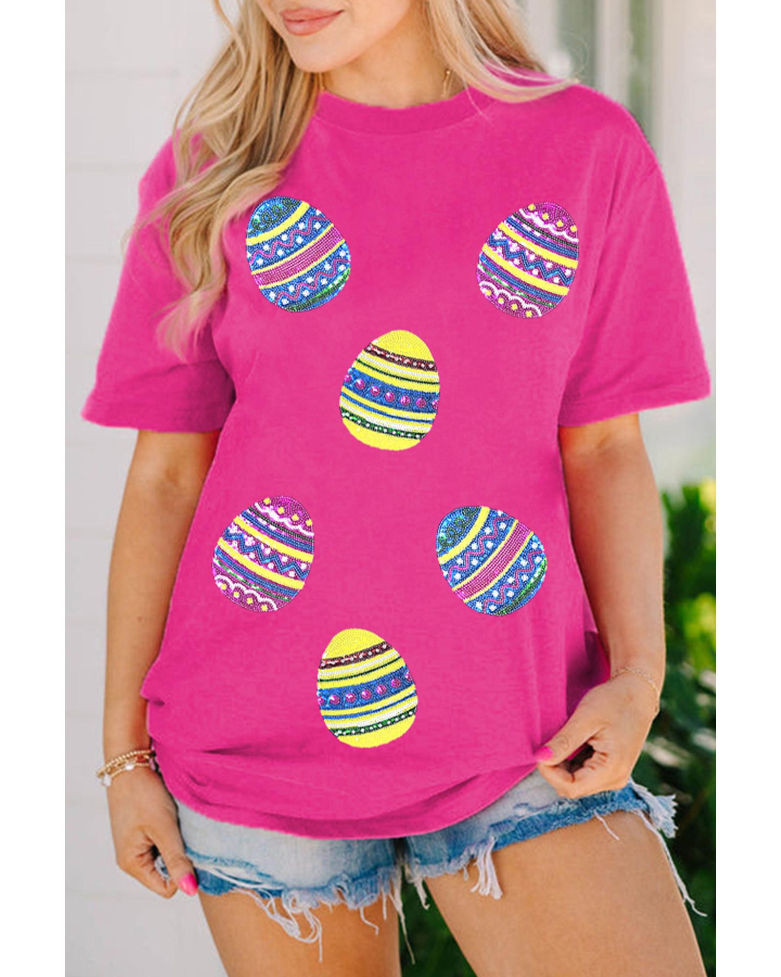 V539-AZEXDC25228599-P6-XL-202508271240-00 Rose Red Sequin Easter Egg Graphic Casual T Shirt - XL - Image 1