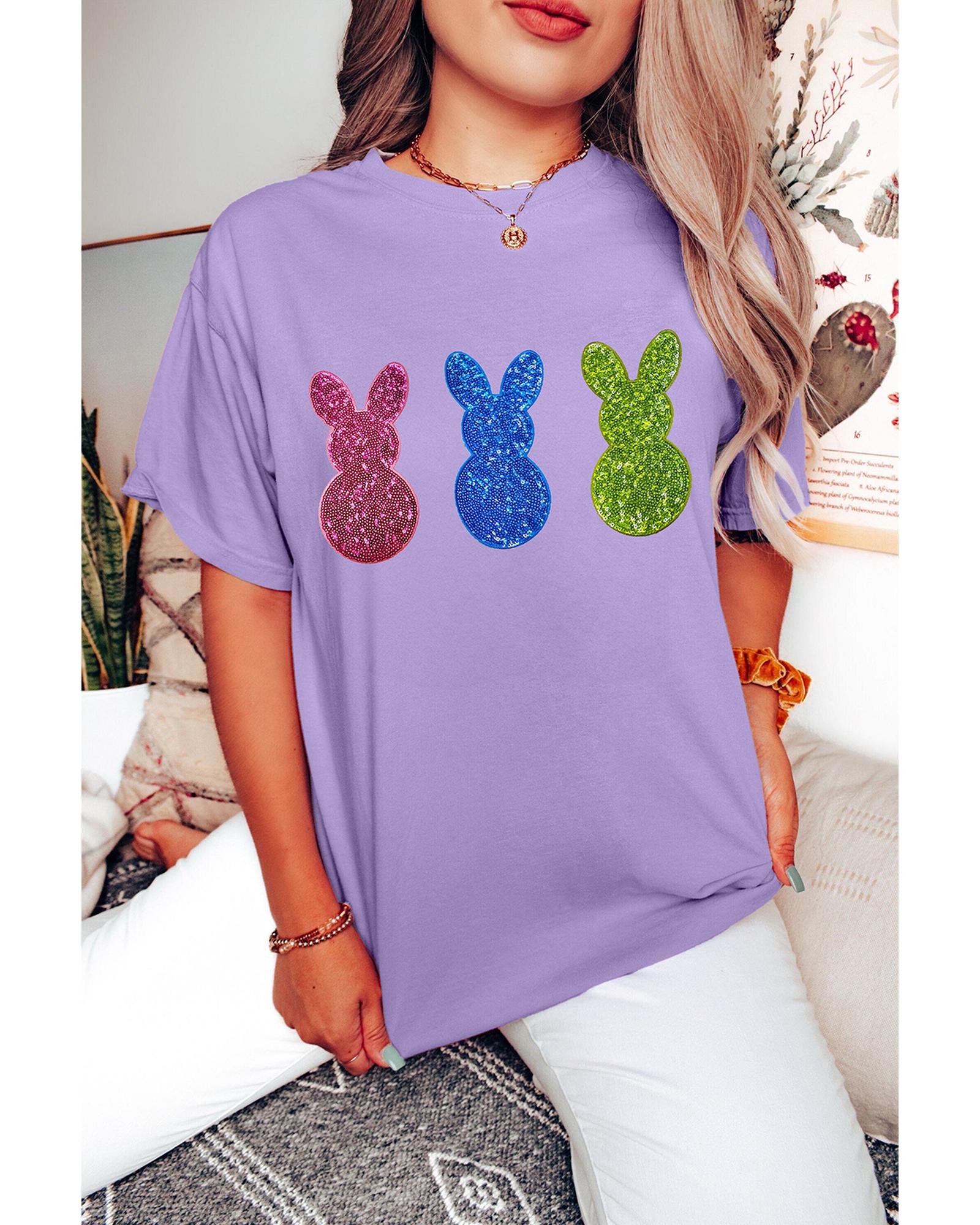 V539-AZEXDC25228614-P208-L-202508270515-00 Wisteria Easter Shiny Bunny Graphic Crewneck T Shirt - L - Image 1