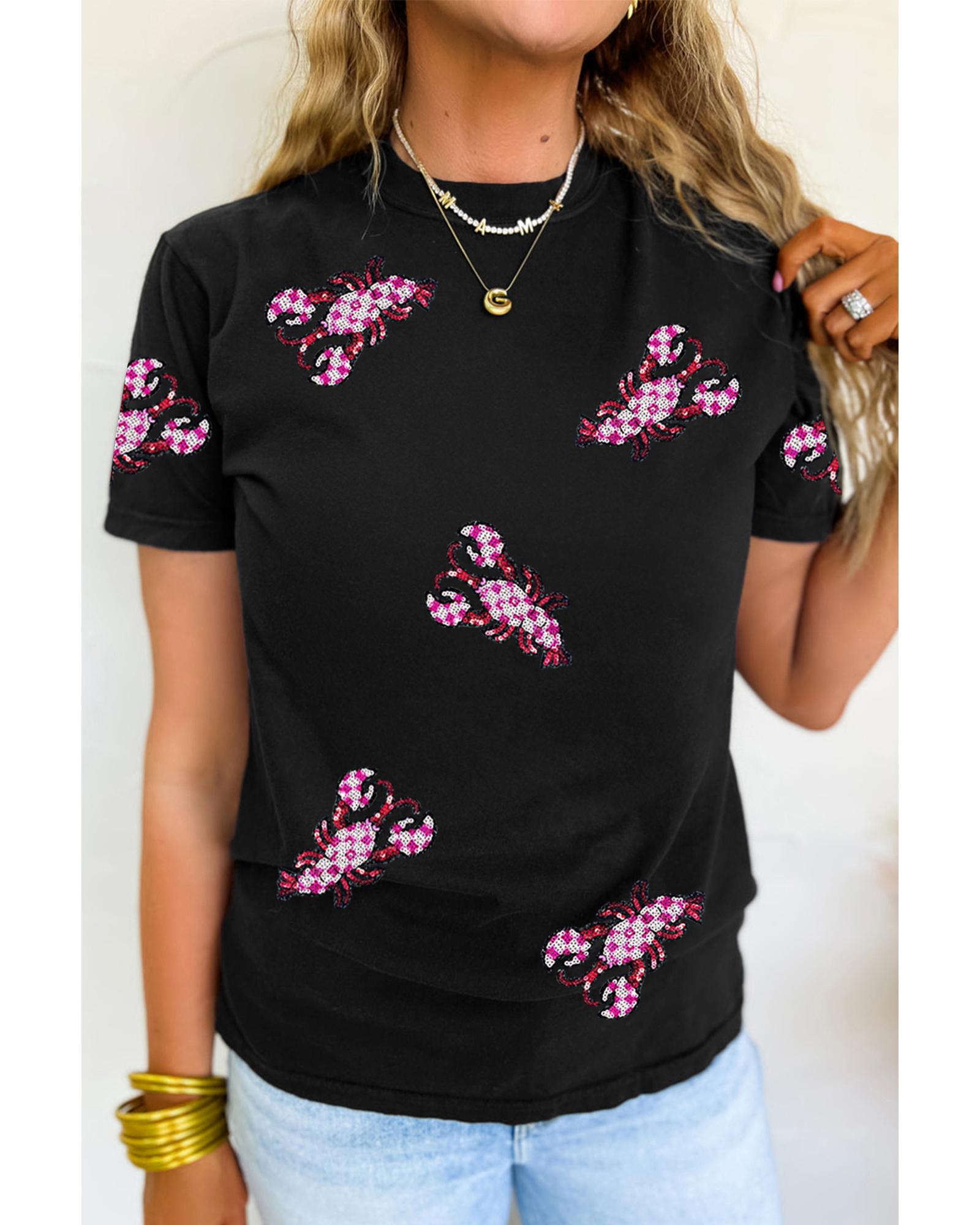V539-AZEXDC25228641-2-2XL-202508271530-00 Black Sequin Crawfish Patched Crew Neck Tee - 2XL - Image 1