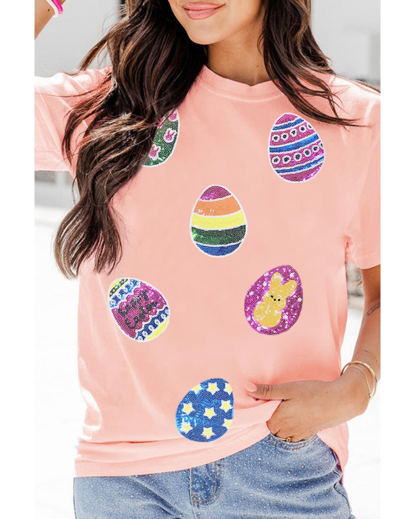 V539-AZEXDC25228689-10-XL-202508280220-00 Pink Sequin Easter Eggs Graphic Crewneck T Shirt - XL - Image 1