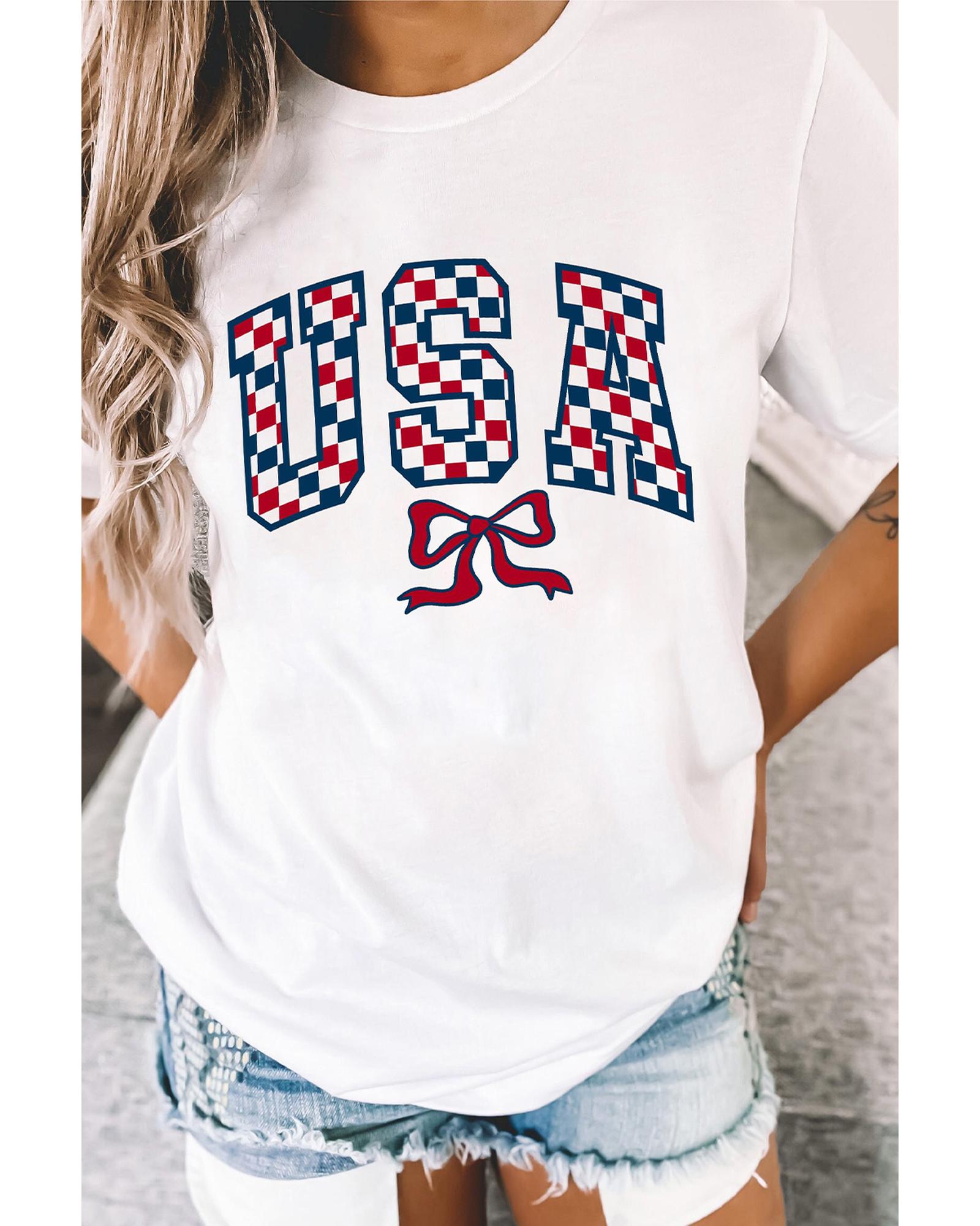 V539-AZEXDC25228902-1-XL-202508281635-00 White Checkered USA Graphic Casual Tee - XL - Image 1