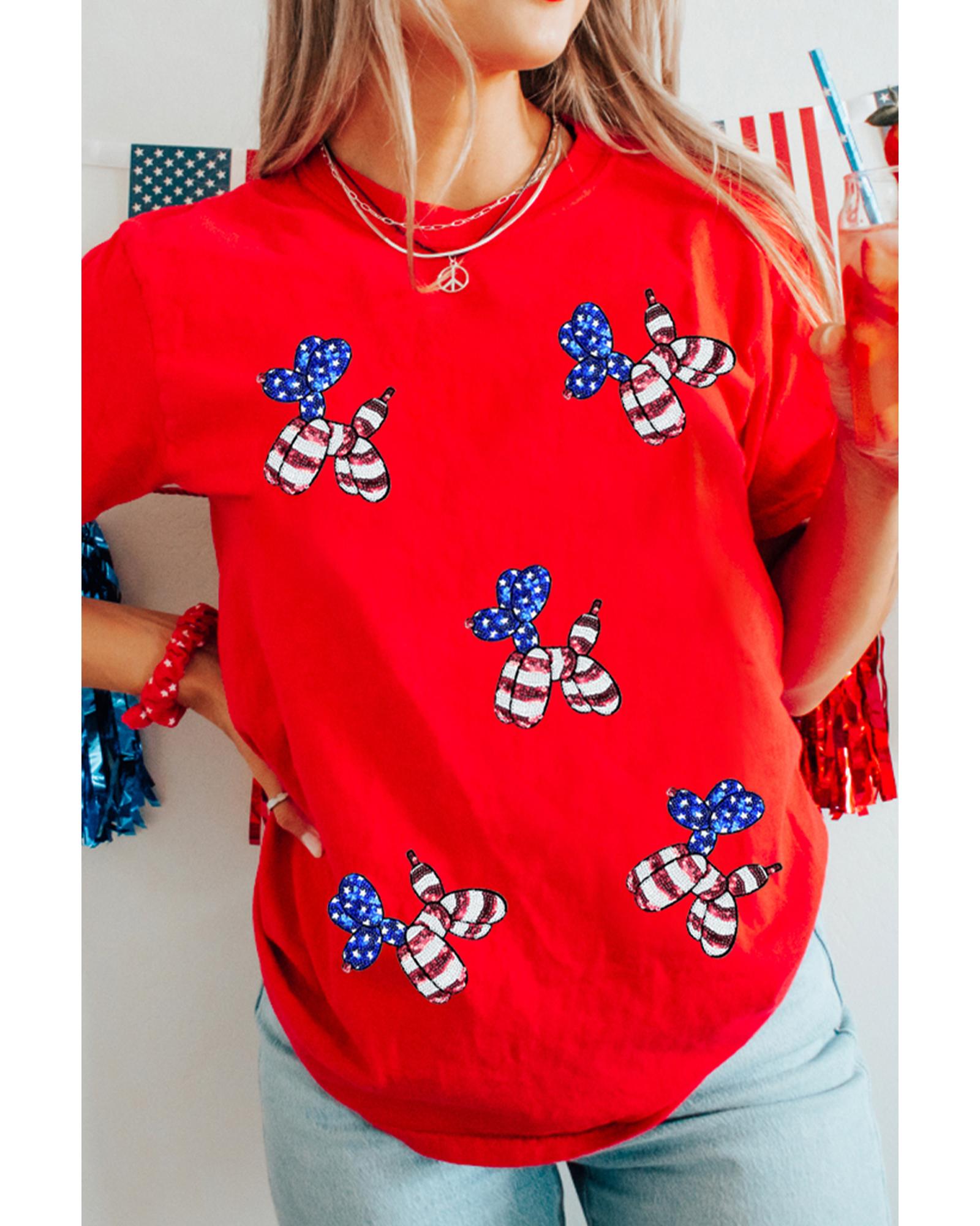 V539-AZEXDC25229102-103-3XL-202508281610-00 Red Sequin Stars and Stripes Balloon Puppy Graphic Crewneck Tee - 3XL - Image 1