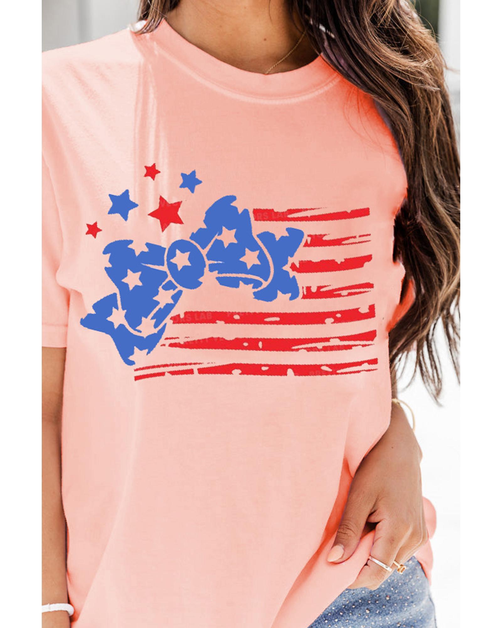 V539-AZEXDC25229141-10-S-202506122330-00 Pink Stars and Stripes Bow Knot Crew Neck T Shirt - S - Image 1