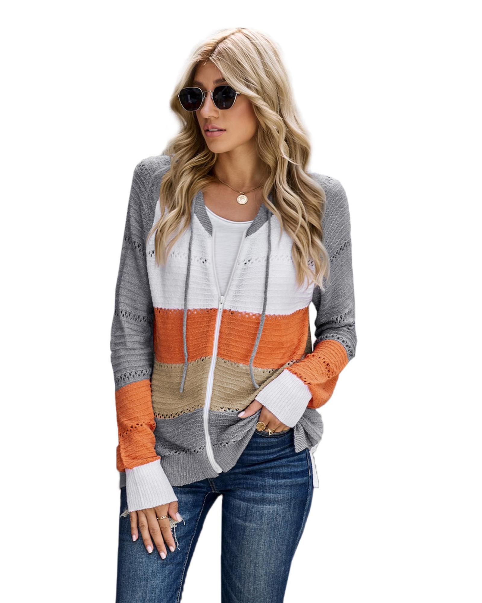 V539-AZEXDC2531016-11-XL-202508270705-00 Gray Zipped Front Colorblock Hollow-out Knit Hoodie - XL - Image 1