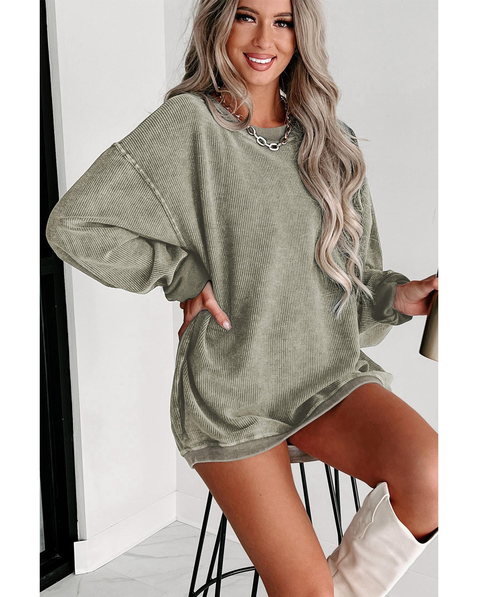 V539-AZEXDC25314534-9-M-202508300145-00 Green Solid Ribbed Knit Round Neck Pullover Sweatshirt - M - Image 1