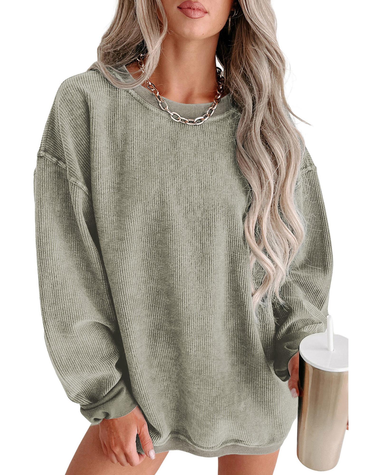 V539-AZEXDC25314534-9-XL-202508280050-00 Green Solid Ribbed Knit Round Neck Pullover Sweatshirt - XL - Image 1