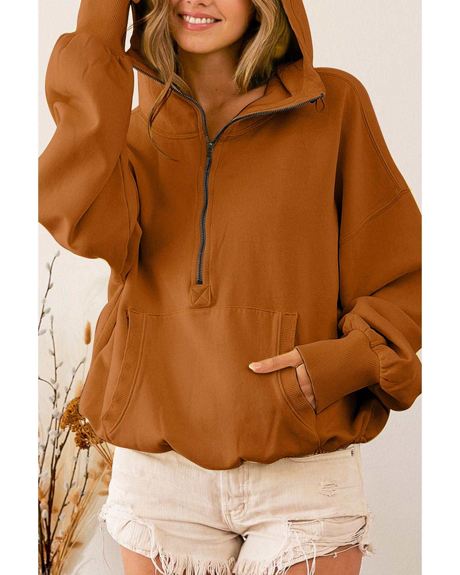 V539-AZEXDC25314629-1017-L-202508281020-04 Brown Ribbed Trim Kangaroo Pocket Zipped Hoodie - L - Image 5
