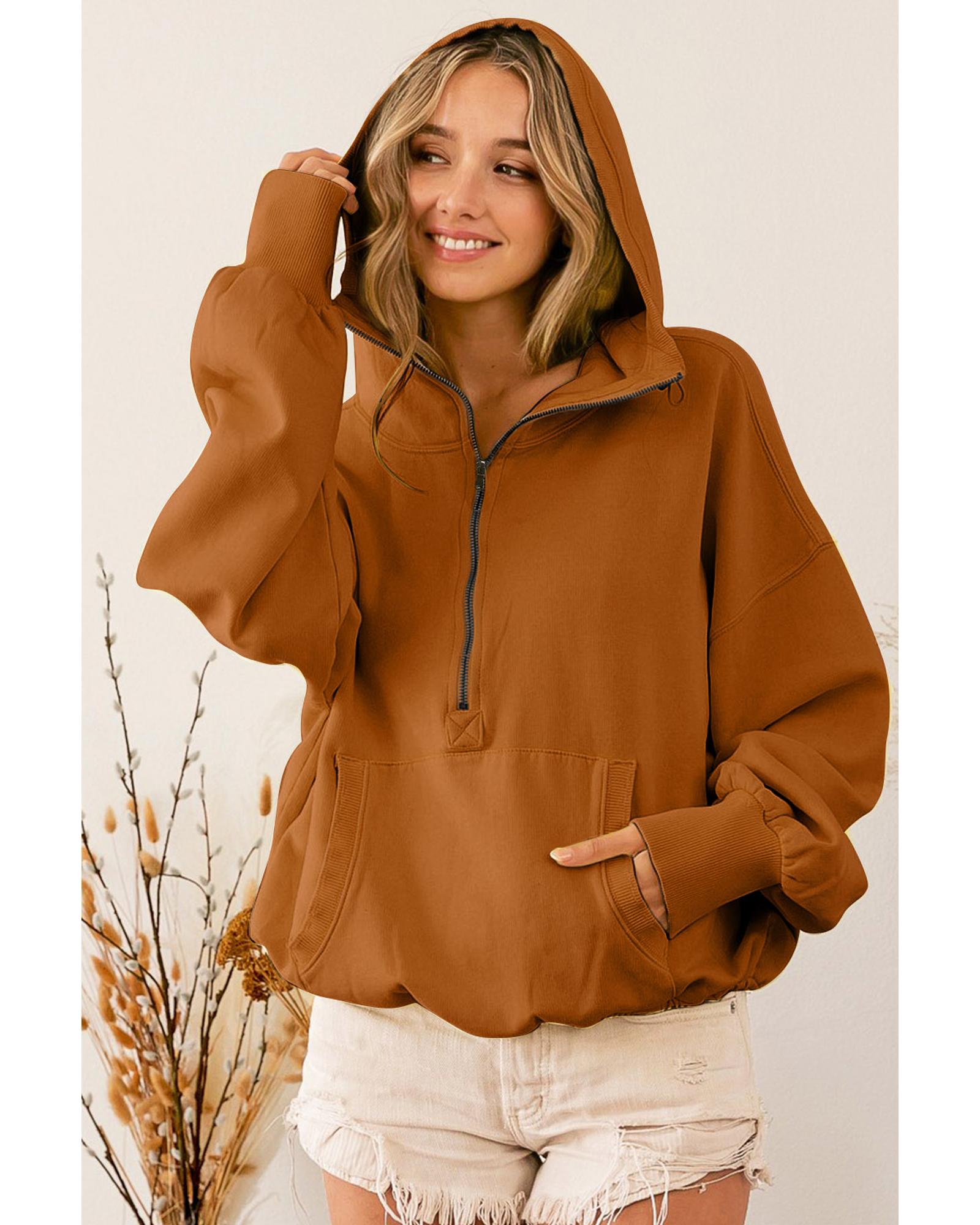 V539-AZEXDC25314629-1017-XL-202508281700-01 Brown Ribbed Trim Kangaroo Pocket Zipped Hoodie - XL - Image 2