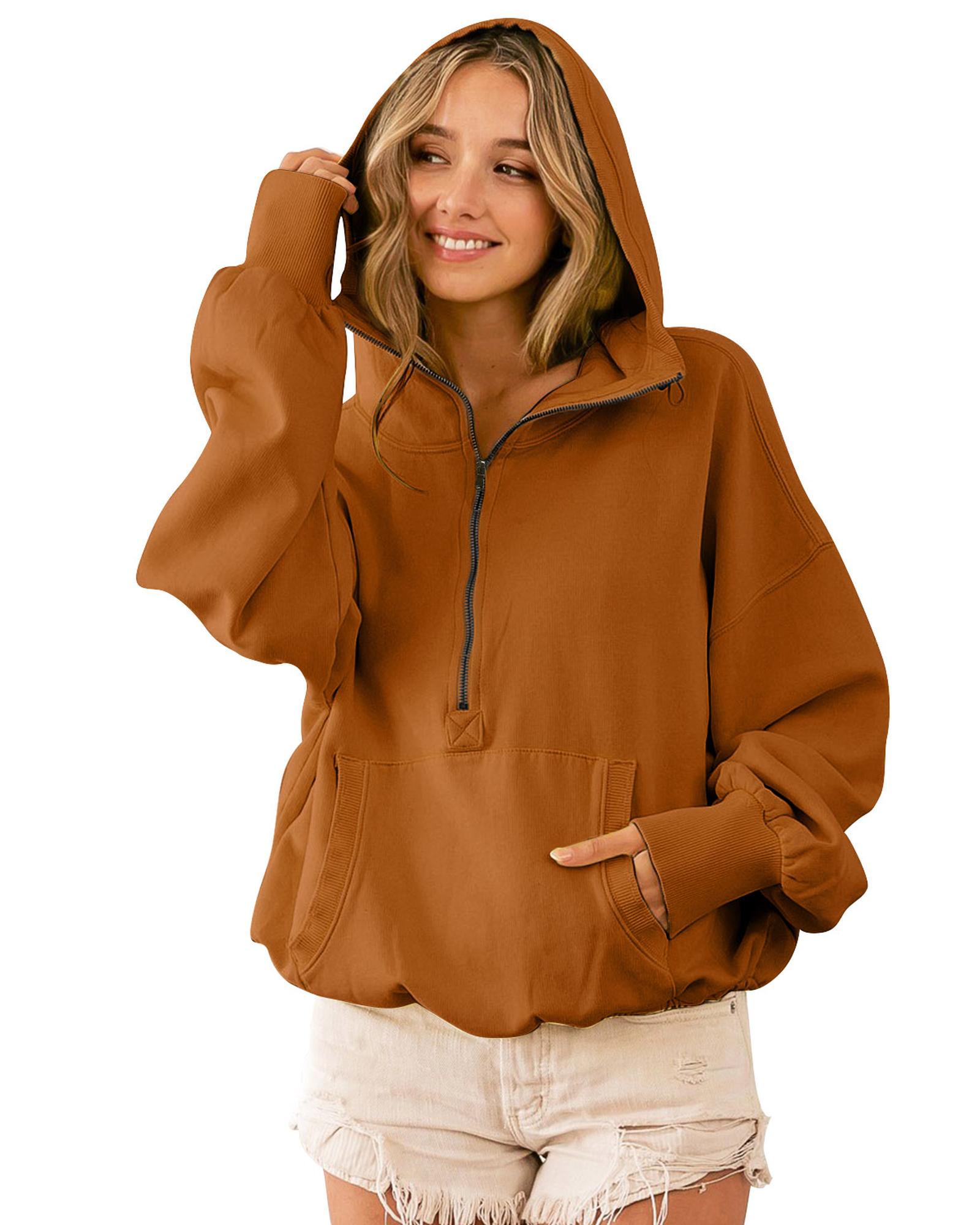 V539-AZEXDC25314629-1017-XL-202508281700-02 Brown Ribbed Trim Kangaroo Pocket Zipped Hoodie - XL - Image 3