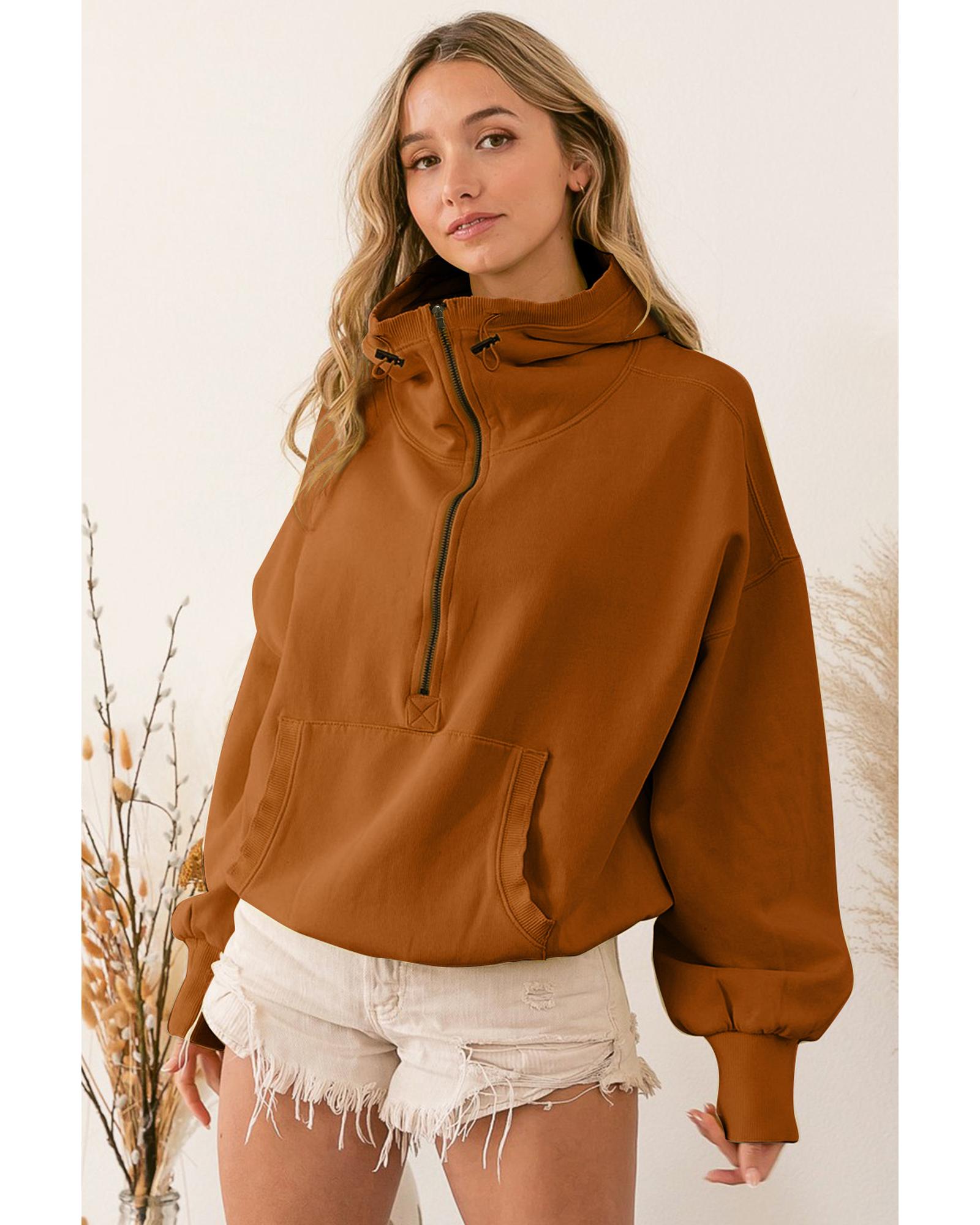 V539-AZEXDC25314629-1017-XL-202508281700-03 Brown Ribbed Trim Kangaroo Pocket Zipped Hoodie - XL - Image 4