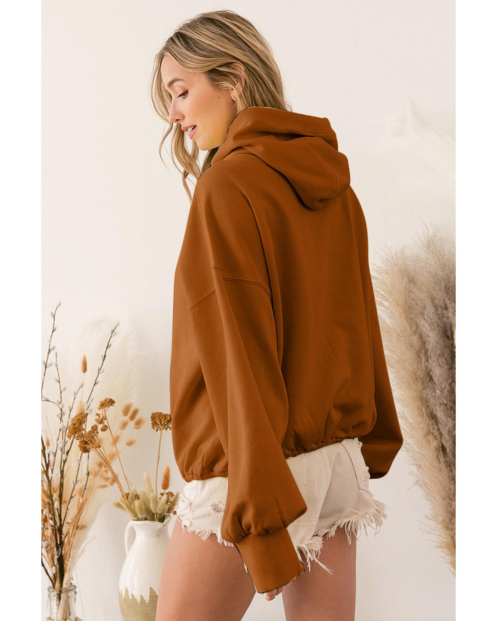 V539-AZEXDC25314629-1017-XL-202508281700-04 Brown Ribbed Trim Kangaroo Pocket Zipped Hoodie - XL - Image 5