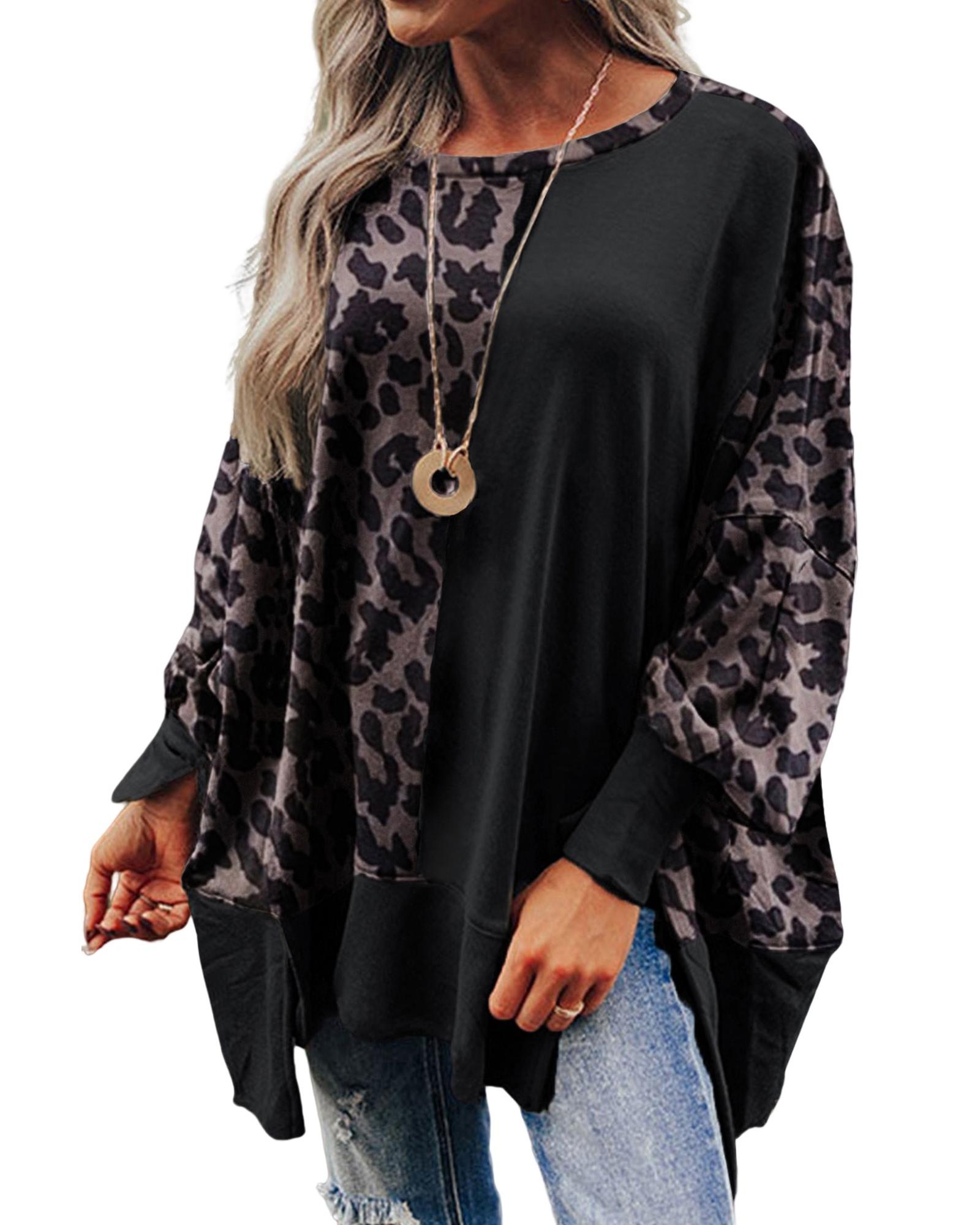 V539-AZEXDC25314865-2-S-202506122226-00 Black Leopard Patchwork Bishop Sleeve Slit Sweatshirt - S - Image 1