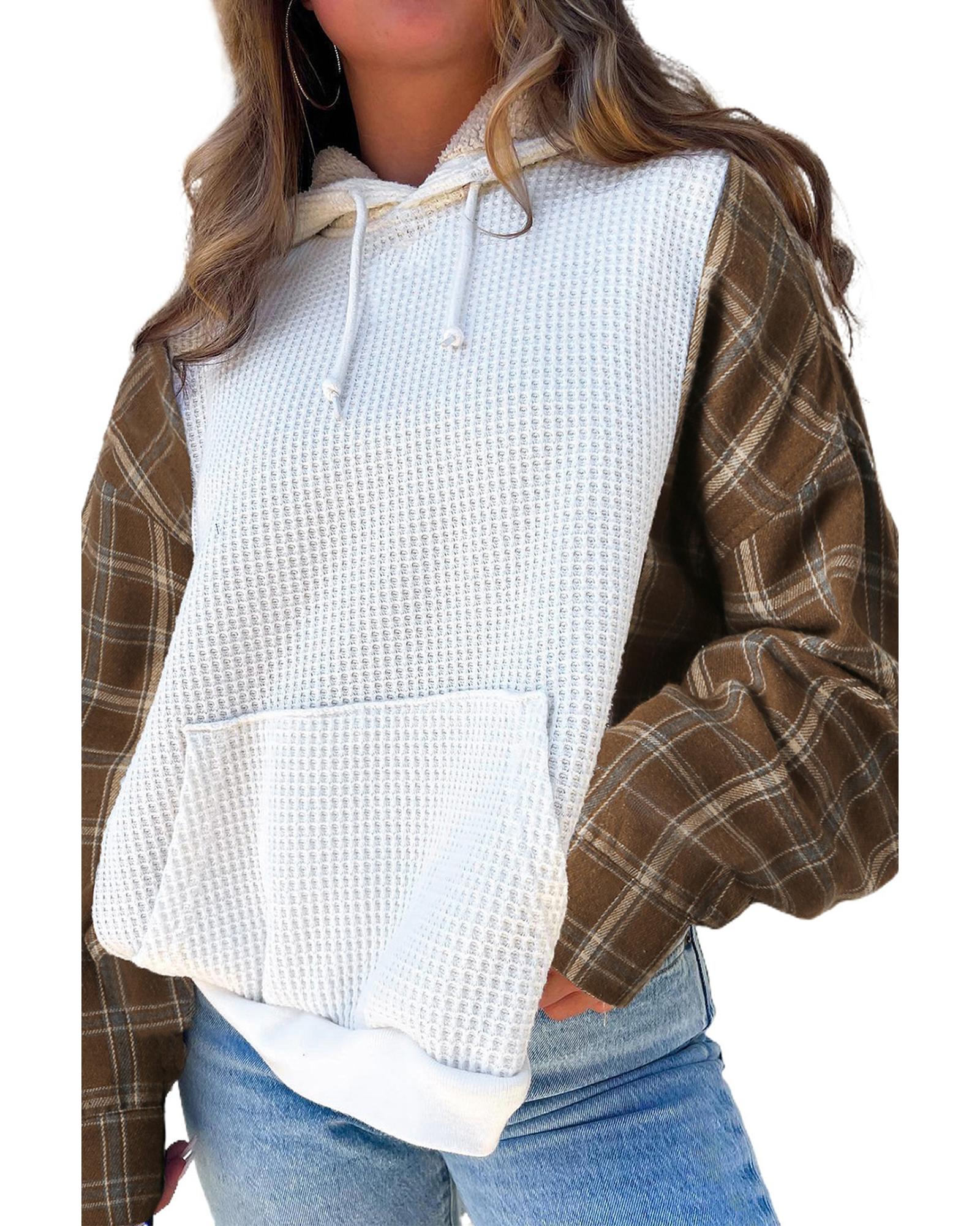 V539-AZEXDC25314992-1-XL-202508290105-00 White Waffle Patch Plaid Sleeve Kangaroo Pocket Hoodie - XL - Image 1