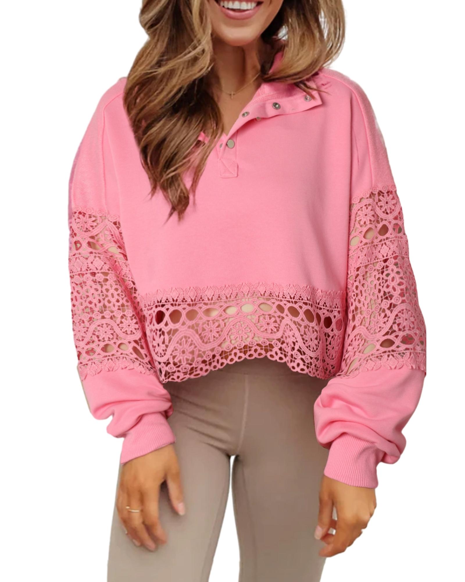 V539-AZEXDC25315137-10-XL-202508292100-00 Pink Hollowed Lace Splicing Cropped Sweatshirt - XL - Image 1