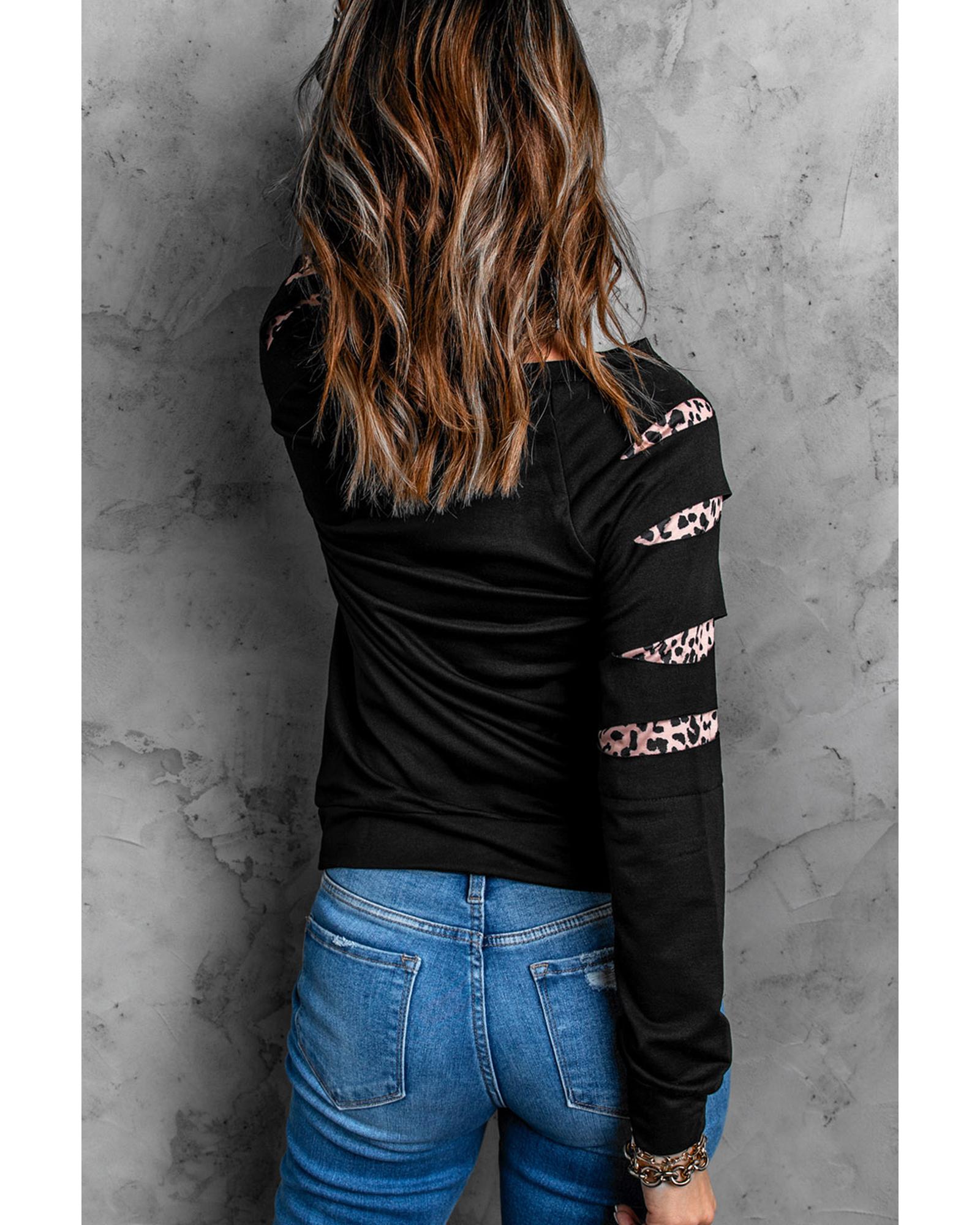 V539-AZEXDC25315252-2-M-202508292215-00 Black Leopard PUMPKIN SEASON Graphic Ripped Sleeve Sweatshirt - M - Image 1