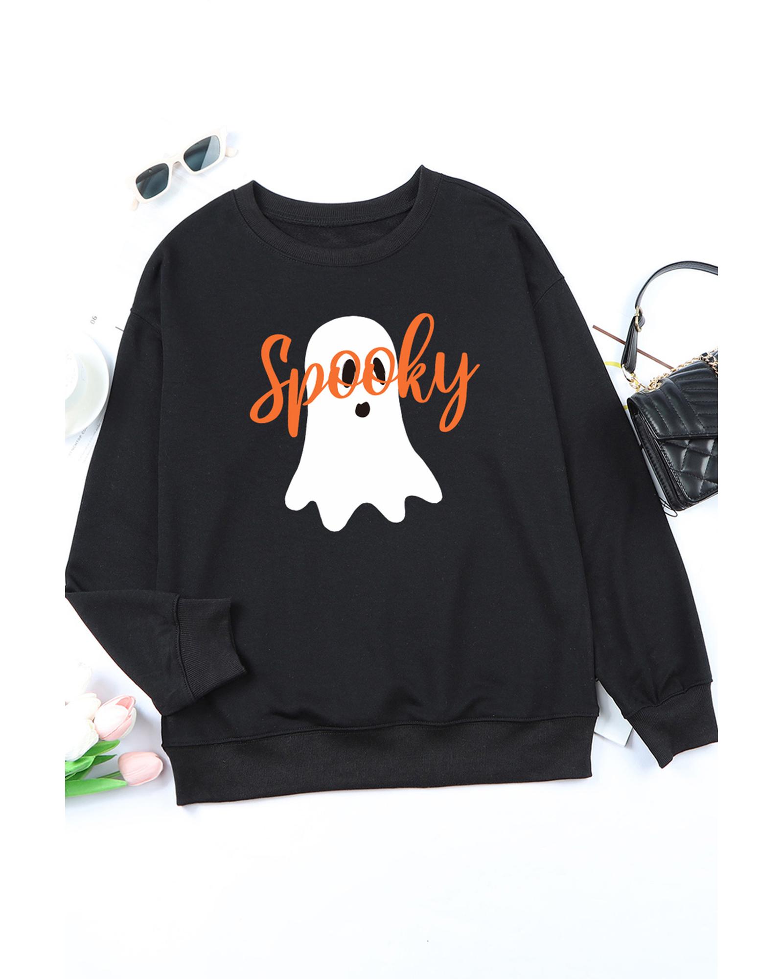 V539-AZEXDC25315930-2-S-202506122140-00 Black Halloween Spooky Ghost Print Crewneck Pullover Sweatshirt - S - Image 1