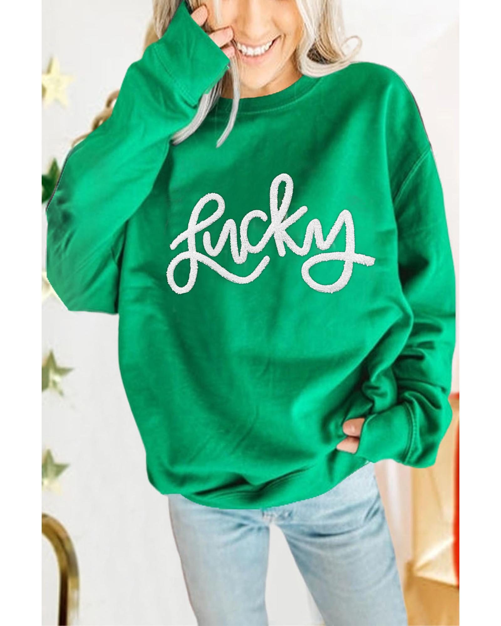 V539-AZEXDC25316132-P9-L-202508280440-00 Green LUCKY Aphabet Chenille Embroidered Pullover Sweatshirt - L - Image 1
