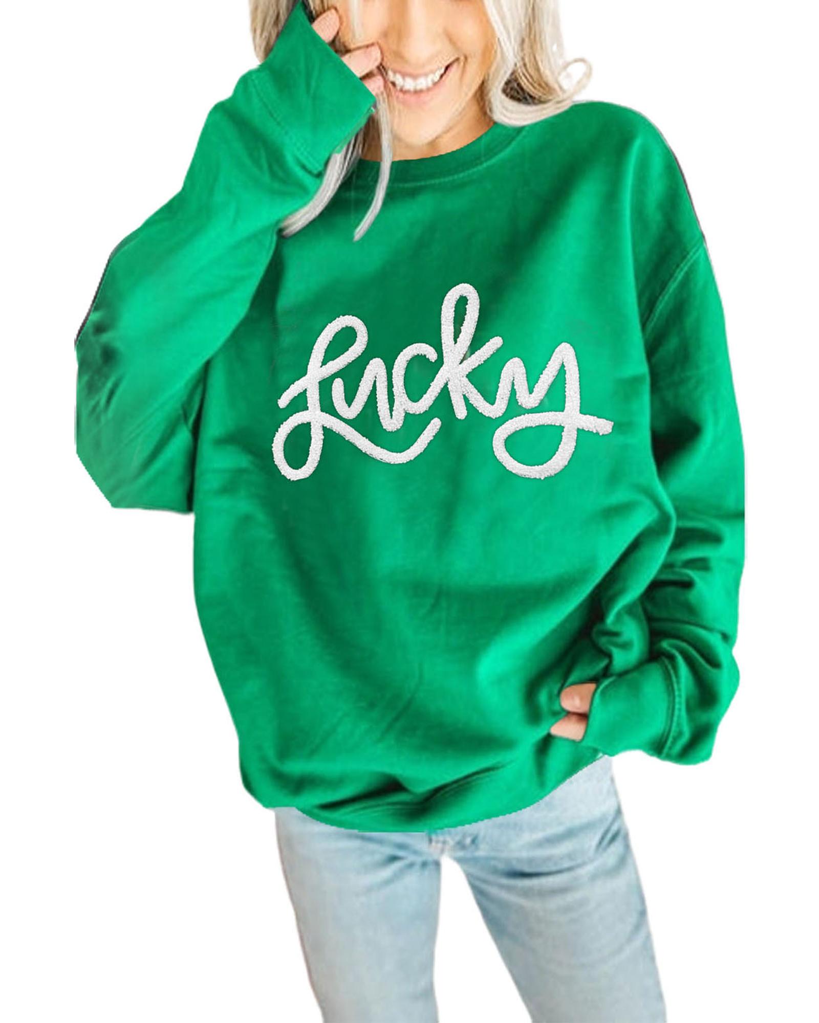 V539-AZEXDC25316132-P9-M-202508280725-00 Green LUCKY Aphabet Chenille Embroidered Pullover Sweatshirt - M - Image 1