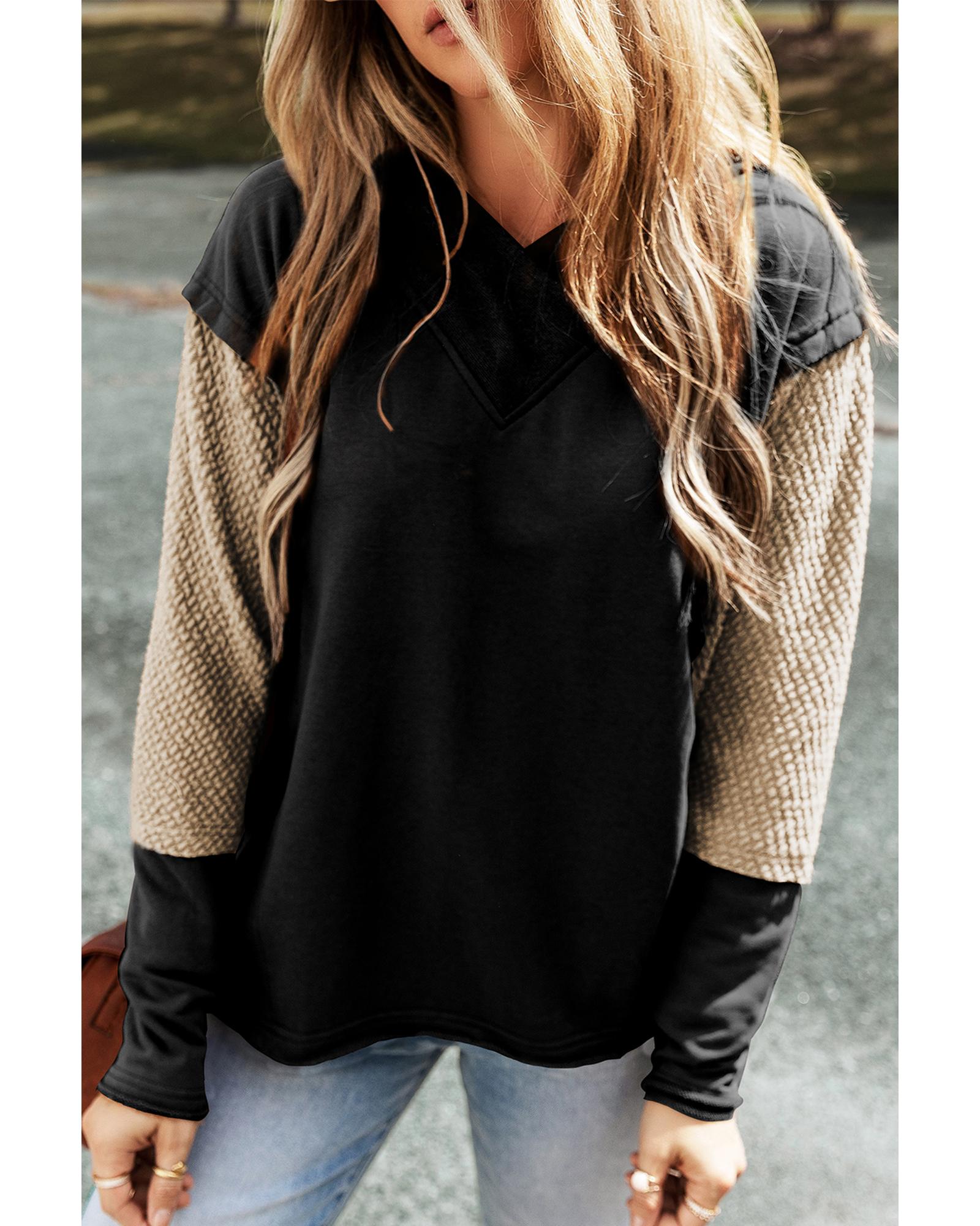 V539-AZEXDC25316258-P2-S-202508280105-00 Black Contrast Sleeves Patchwork Colorblock Hoodie - S - Image 1