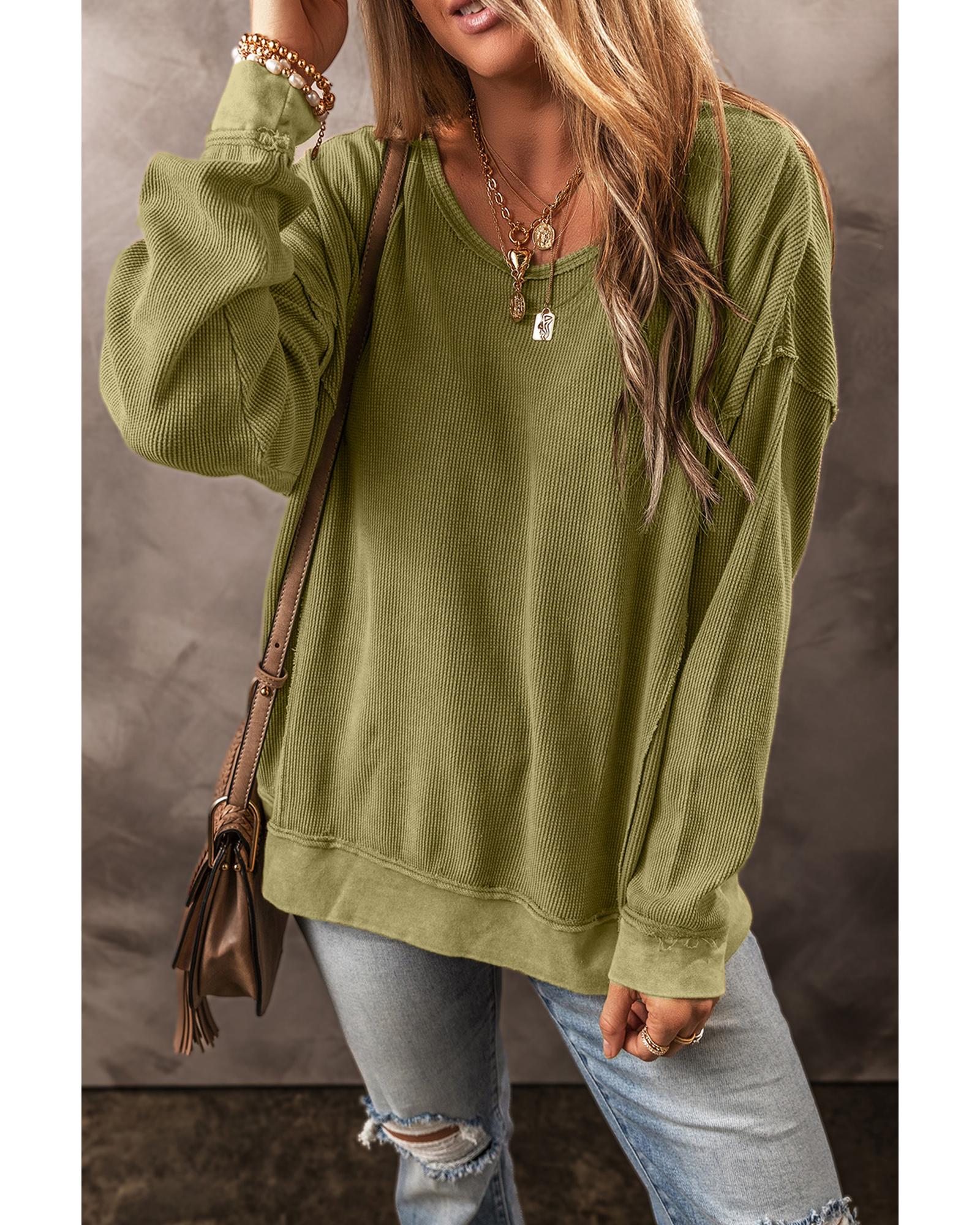 V539-AZEXDC25316434-P609-M-202508300040-02 Jungle Green Textured Seamed Drop Sleeve Sweatshirt - M - Image 3
