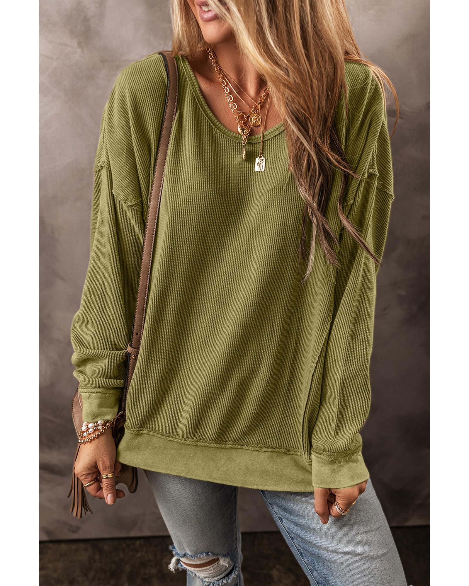 V539-AZEXDC25316434-P609-S-202508272235-03 Jungle Green Textured Seamed Drop Sleeve Sweatshirt - S - Image 4