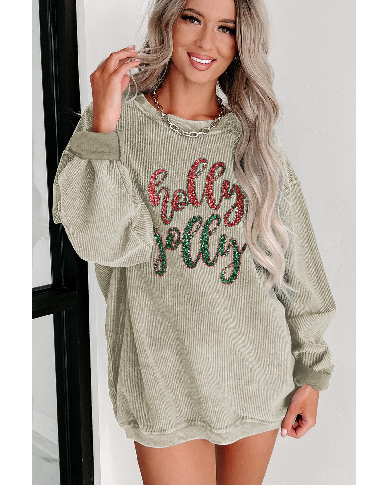 V539-AZEXDC25316789-9-M-202508292240-00 Green Sequined holly jolly Graphic Corded Sweatshirt - M - Image 1