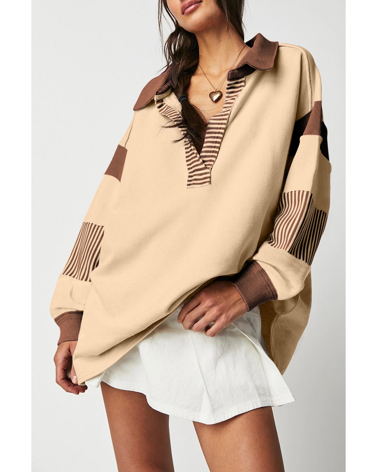 V539-AZEXDC25317343-P4016-S-202508291540-00 Light French Beige Striped Colorblock Patchwork Collar Sweatshirt - S - Image 1