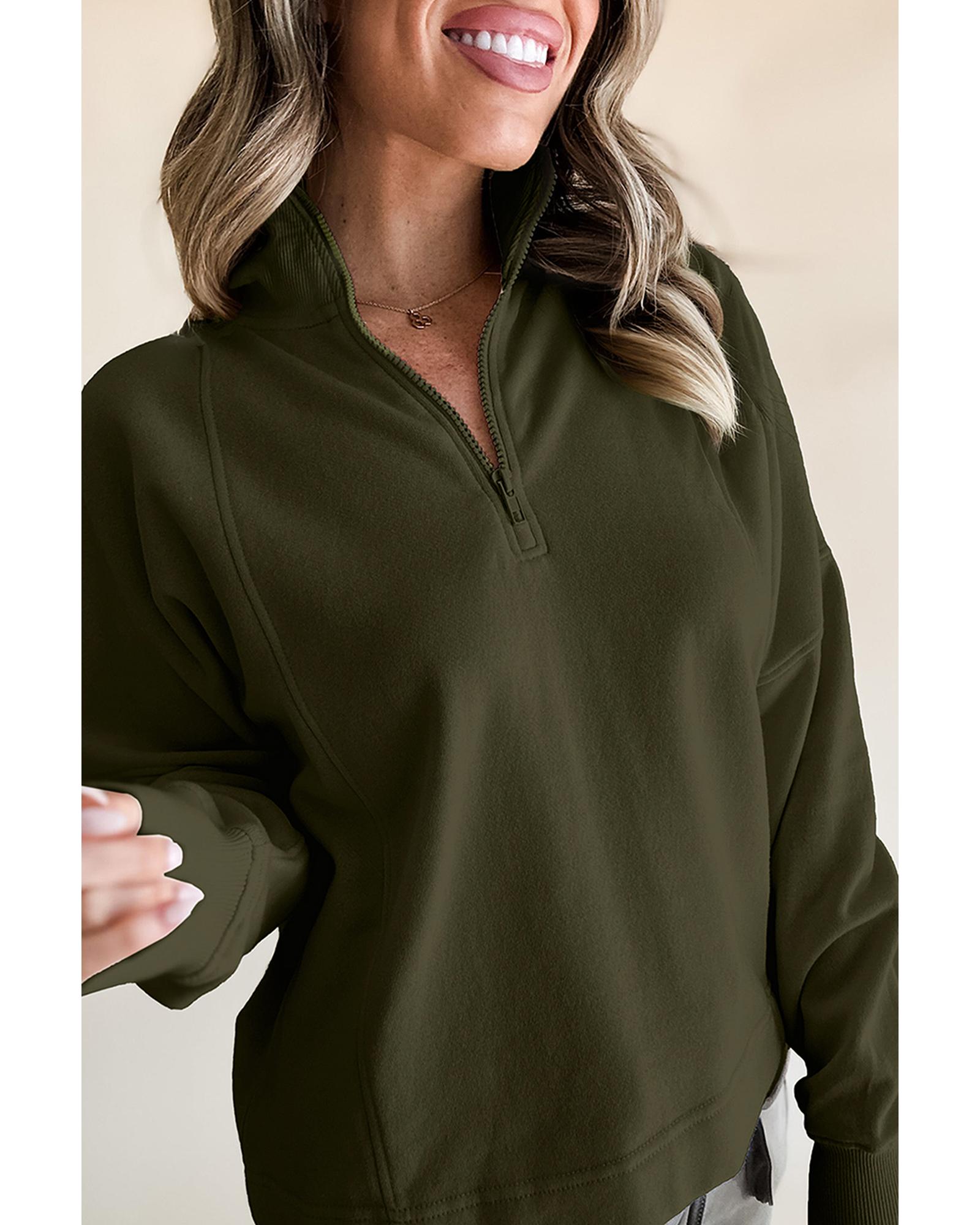V539-AZEXDC25317408-P609-S-202506130311-01 Jungle Green Zipped Neck Pullover Drop Shoulder Sweatshirt - S - Image 2
