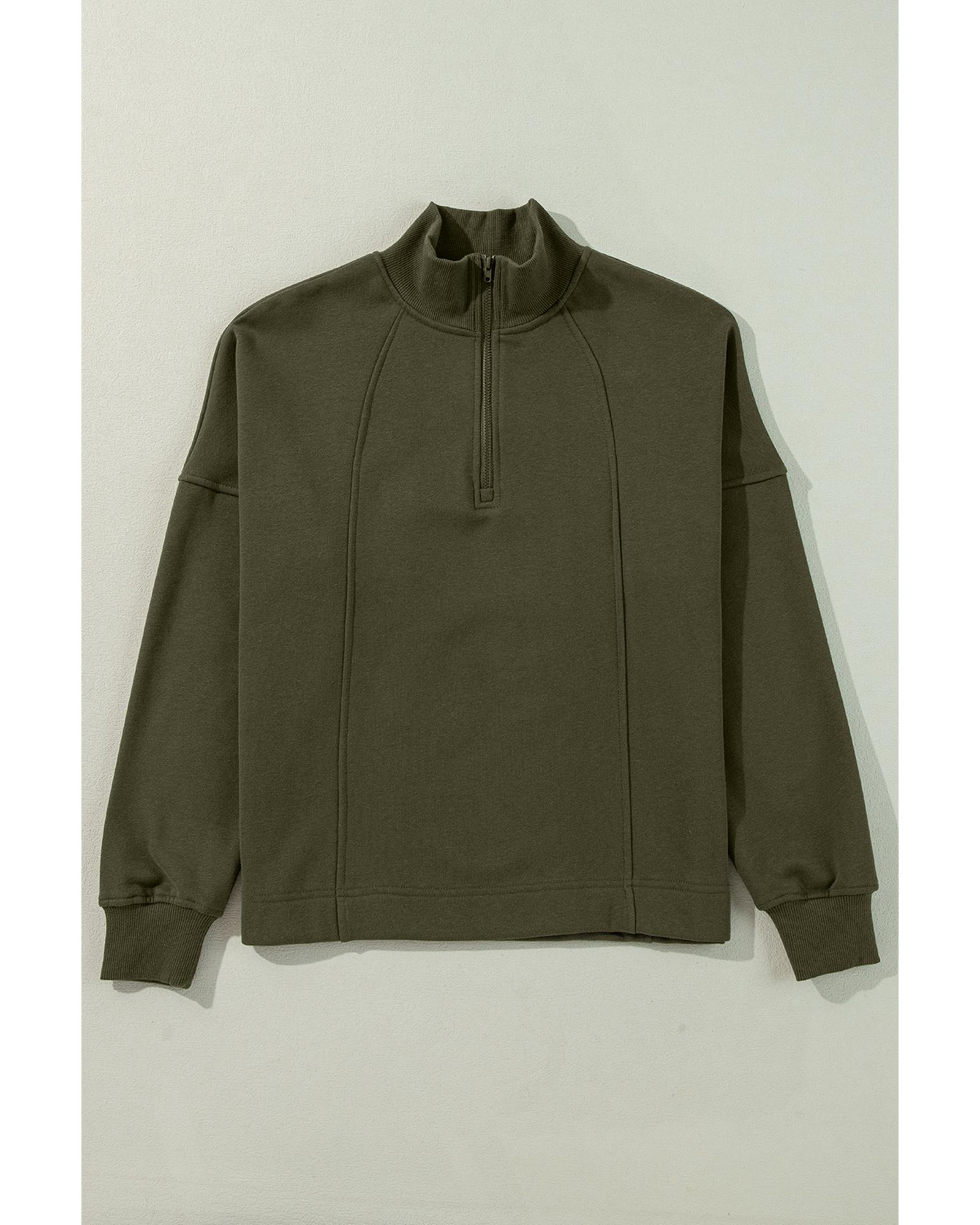 V539-AZEXDC25317408-P609-S-202506130311-02 Jungle Green Zipped Neck Pullover Drop Shoulder Sweatshirt - S - Image 3