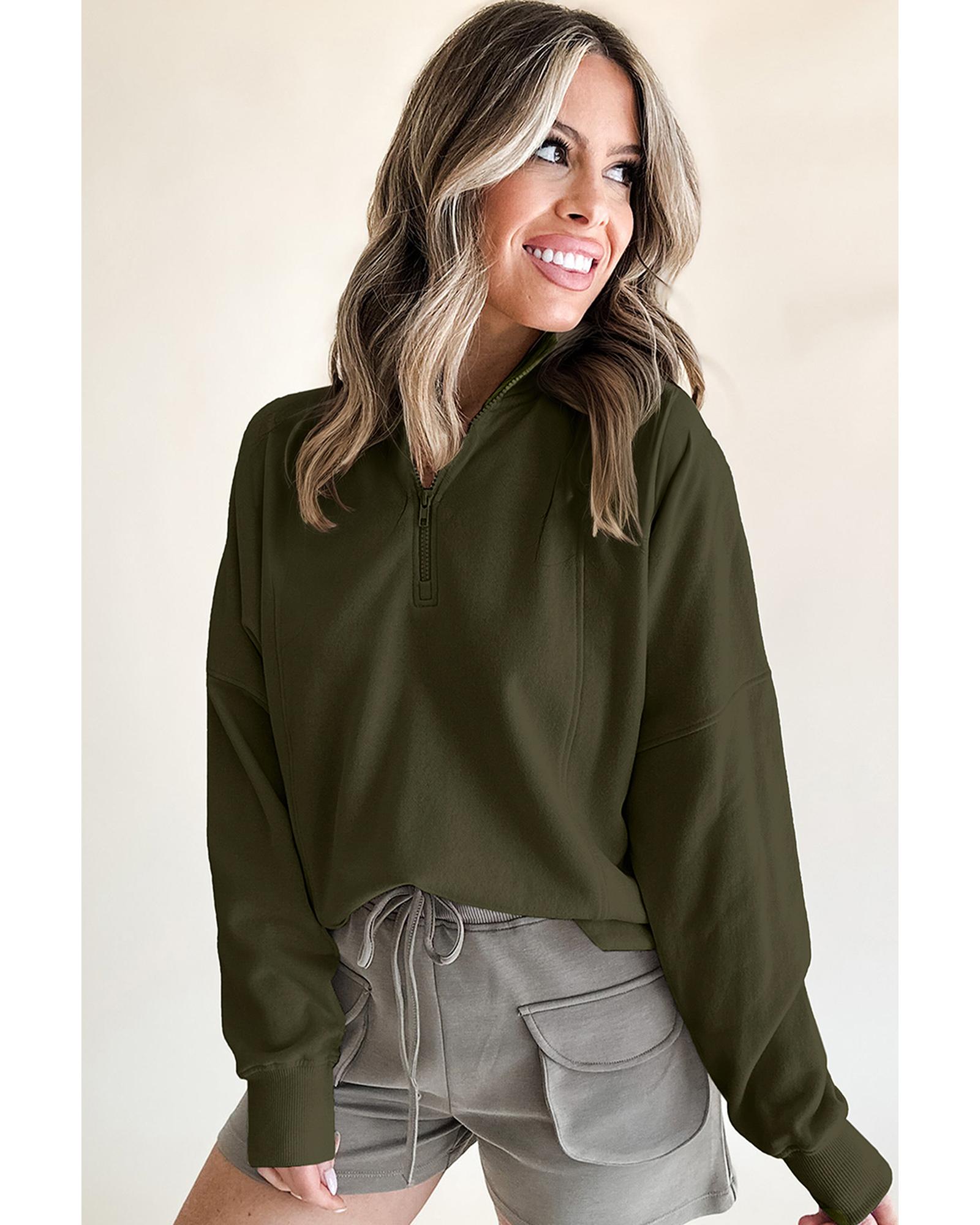 V539-AZEXDC25317408-P609-S-202506130311-03 Jungle Green Zipped Neck Pullover Drop Shoulder Sweatshirt - S - Image 4