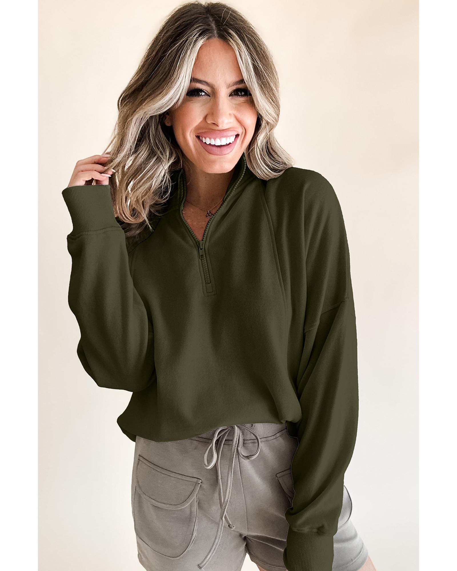 V539-AZEXDC25317408-P609-S-202506130311-05 Jungle Green Zipped Neck Pullover Drop Shoulder Sweatshirt - S - Image 6