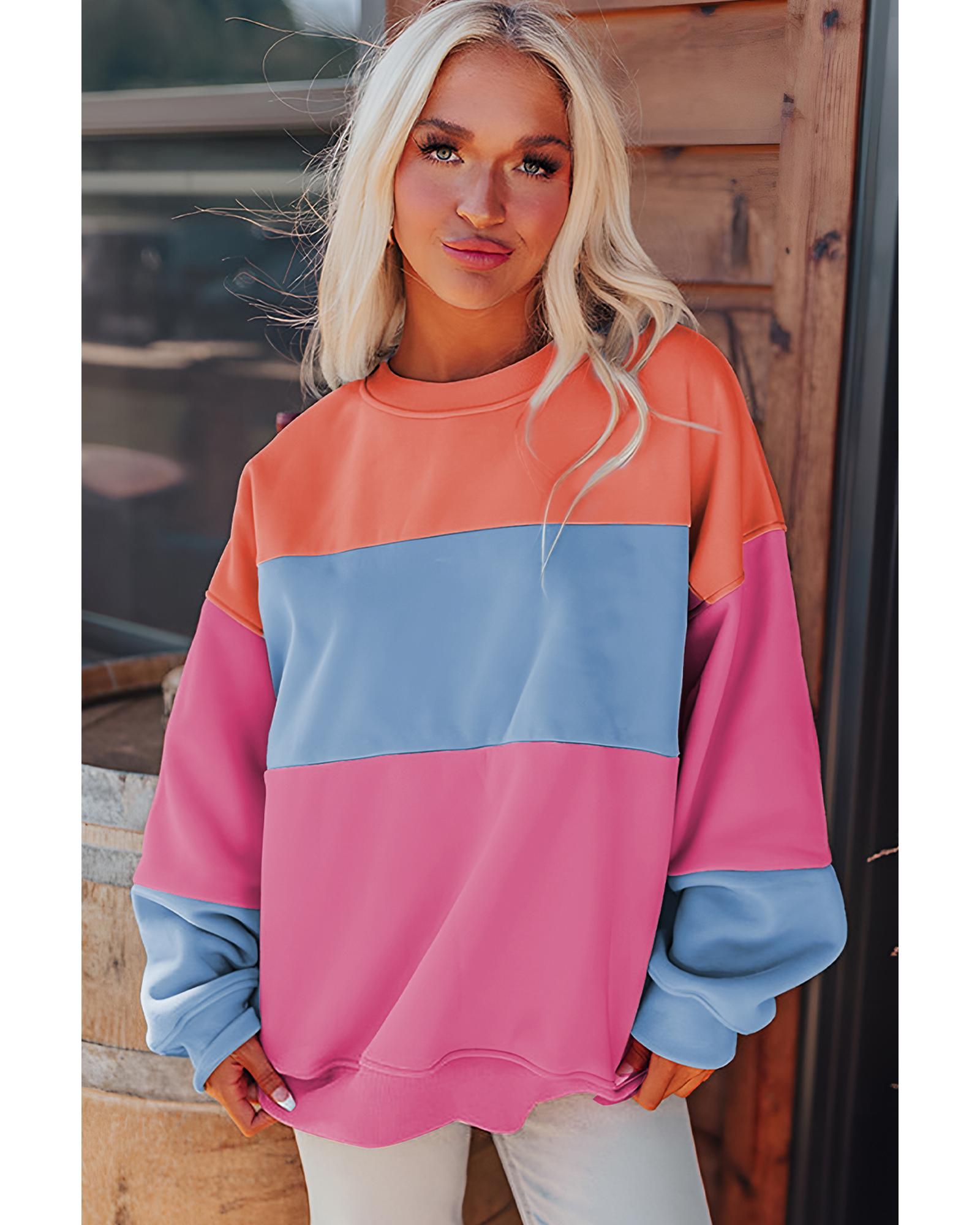 V539-AZEXDC25317584-P106-M-202508271045-00 Bright Pink Colorblock Patchwork Drop Shoulder Sweatshirt - M - Image 1