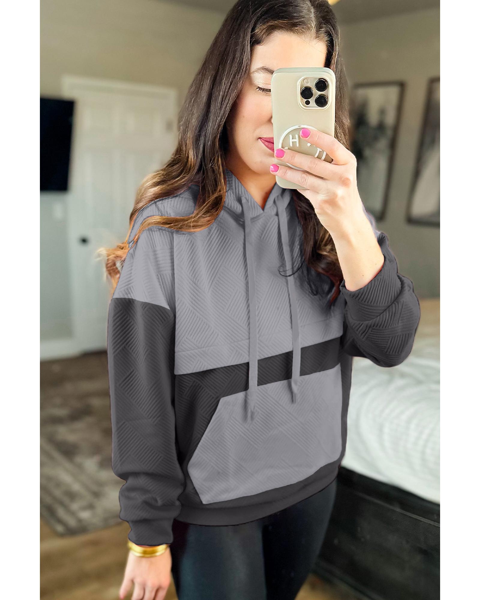 V539-AZEXDC25317609-P11-XL-202508281530-00 Gray Textured Color Block Kangaroo Pocket Drop Shoulder Hoodie - XL - Image 1