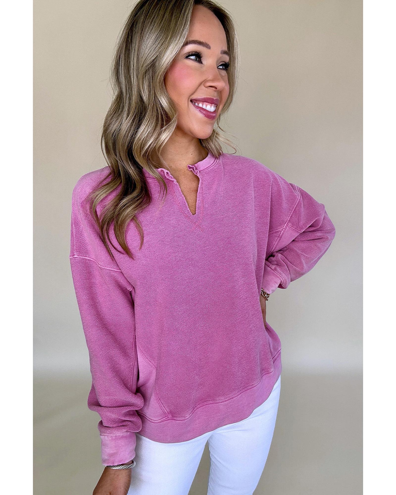 V539-AZEXDC25317697-P106-XL-202508300550-00 Bright Pink Solid Color Notched Neck Drop Shoulder Sweatshirt - XL - Image 1