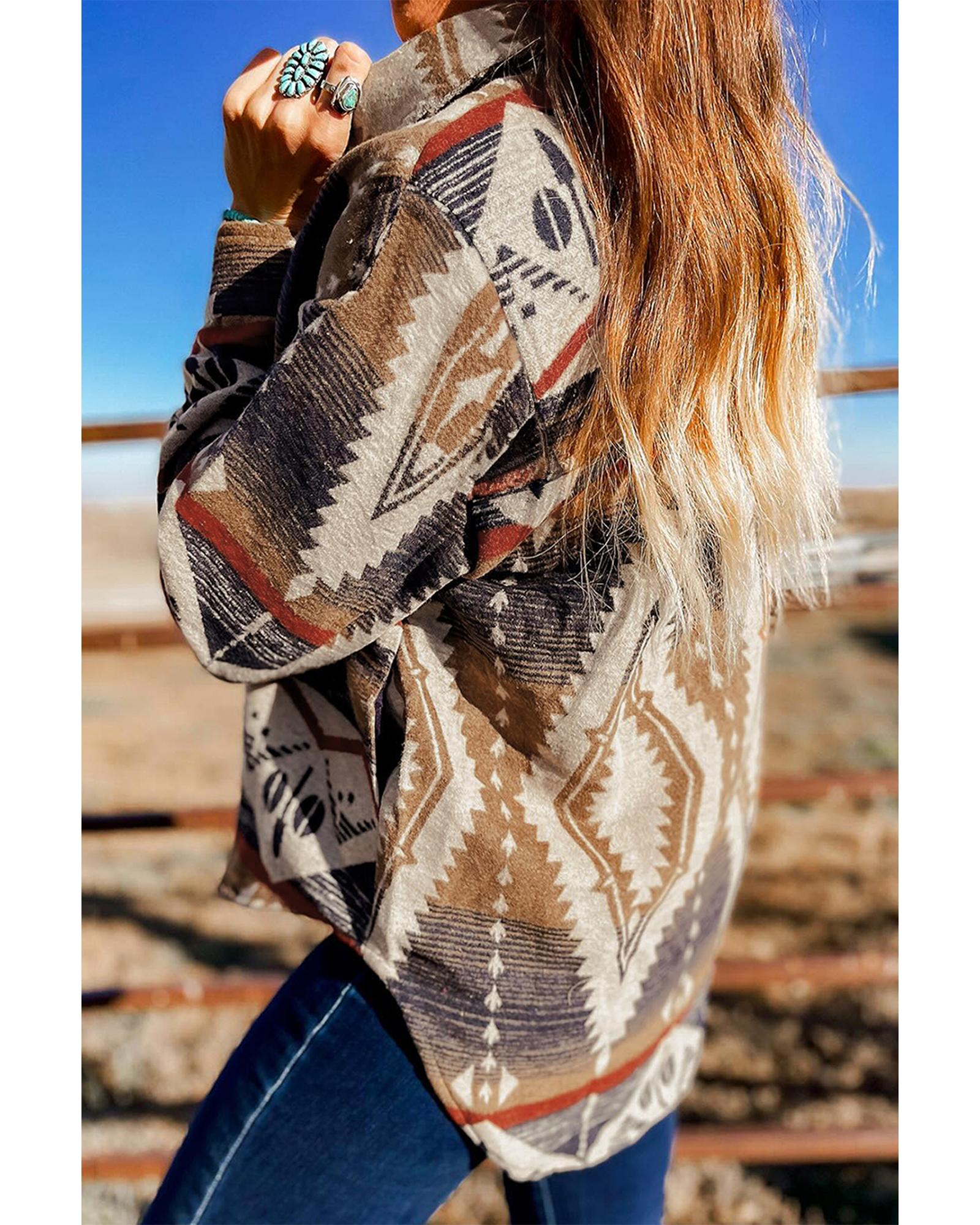 V539-AZEXDC25317841-P1722-S-202506130507-01 Brown Western Aztec Collared Button-up Sweatshirt - S - Image 2
