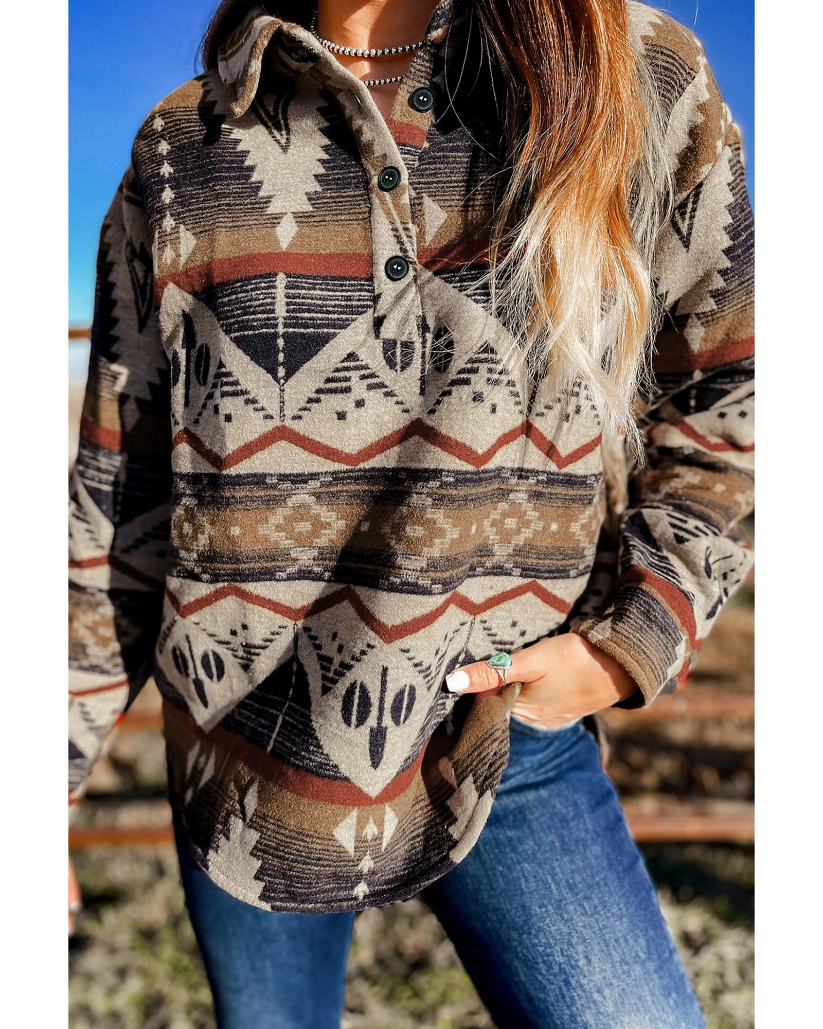 V539-AZEXDC25317841-P1722-S-202506130507-07 Brown Western Aztec Collared Button-up Sweatshirt - S - Image 8