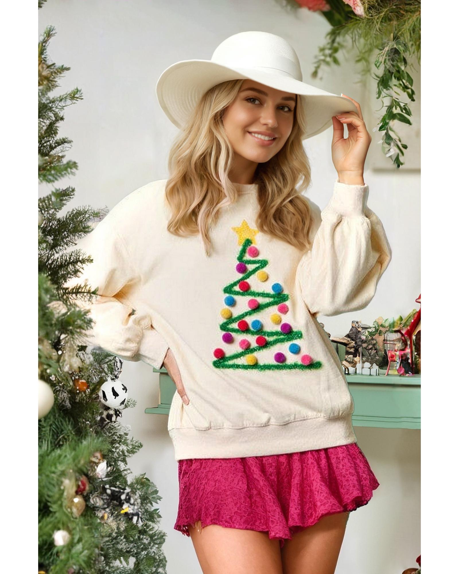 V539-AZEXDC25318028-P1520-L-202508291640-00 Beige Pom-Pom Christmas Tree Pattern O Neck Sweatshirt - L - Image 1