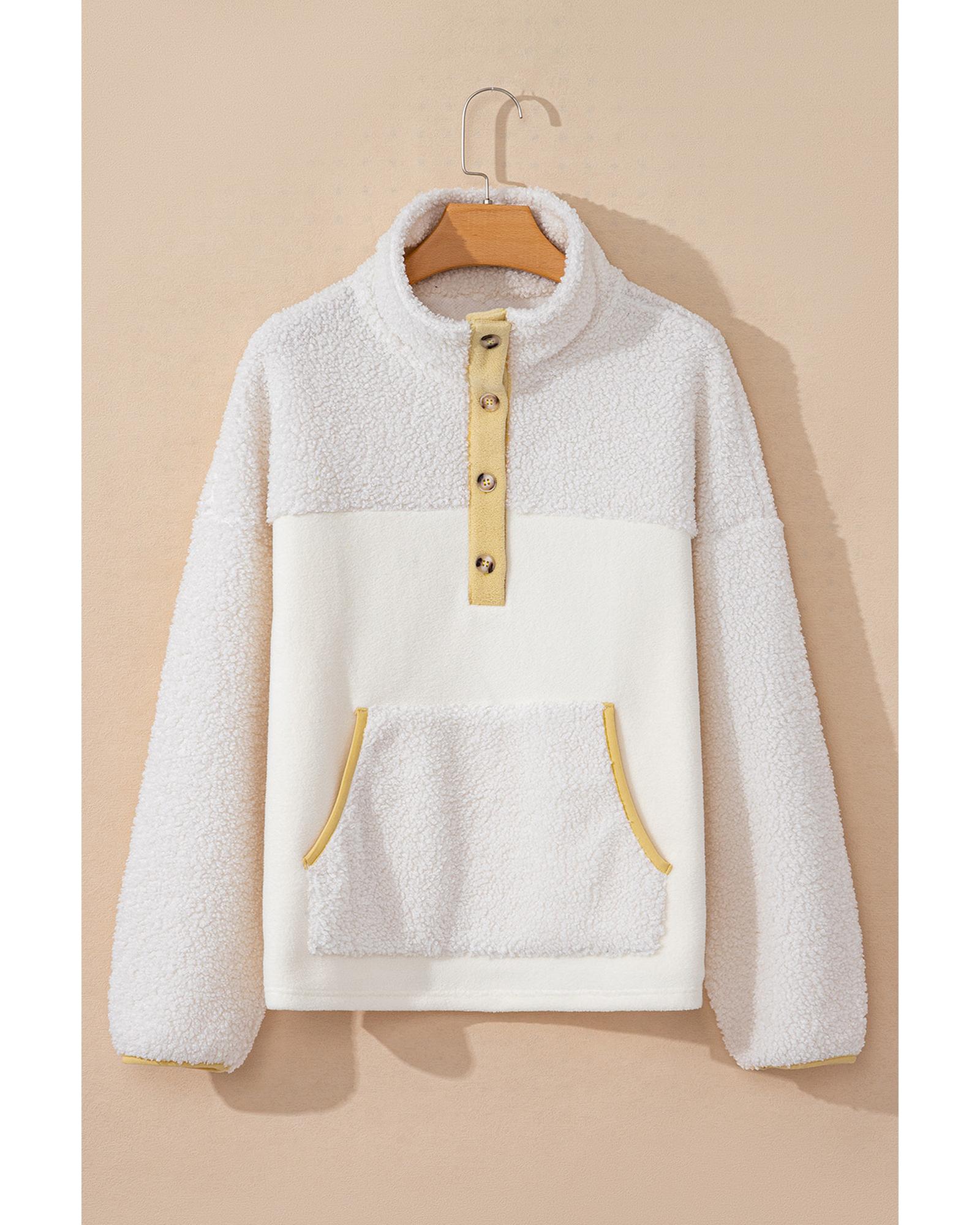 V539-AZEXDC25318143-P15-M-202508300300-00 Beige Fleece Colorblock Trim Buttons Collar Sweatshirt with Pocket - M - Image 1