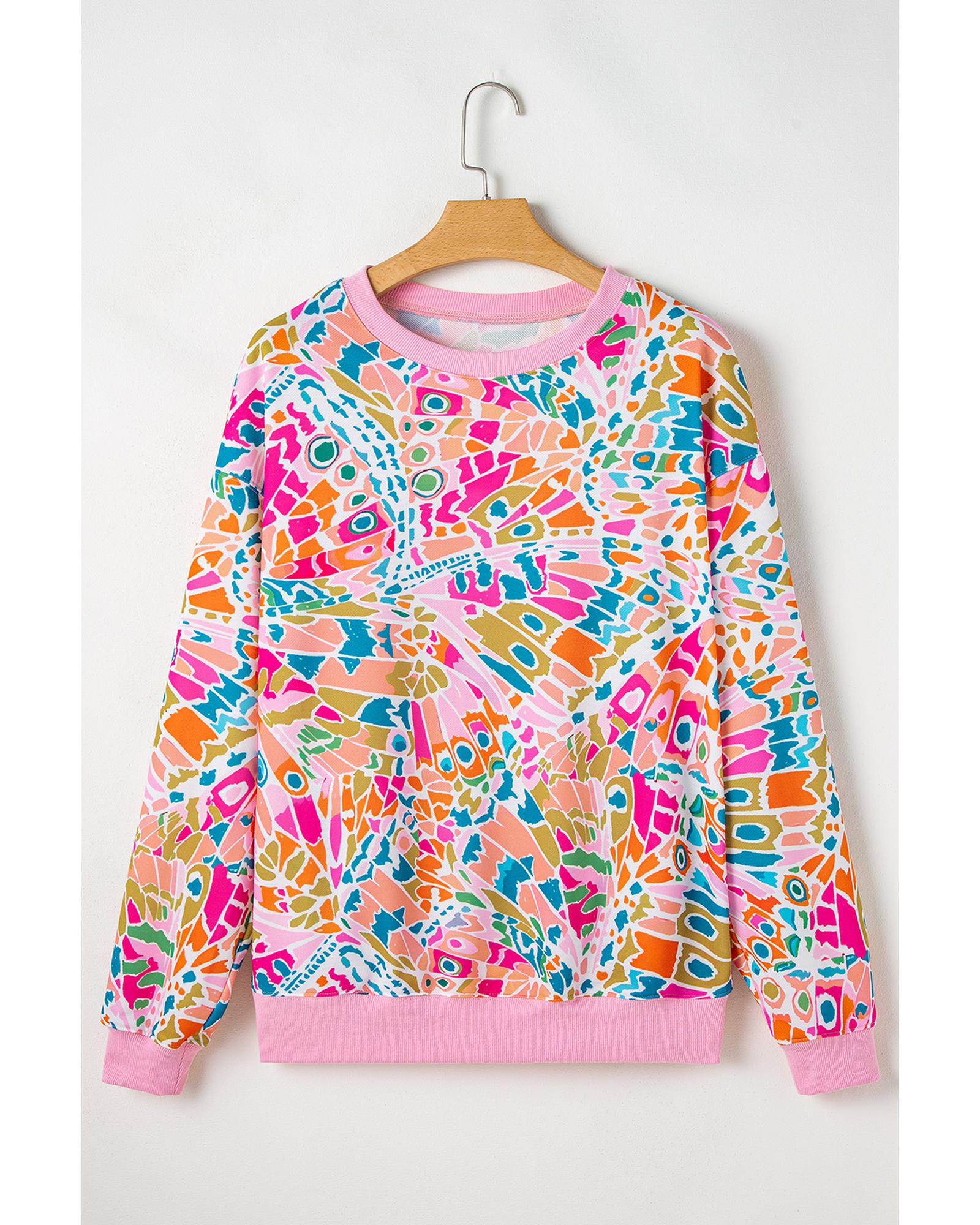 V539-AZEXDC25318152-P1020-M-202508282255-00 Pink Abstract Printed Drop Shoulder Loose Sweatshirt - M - Image 1