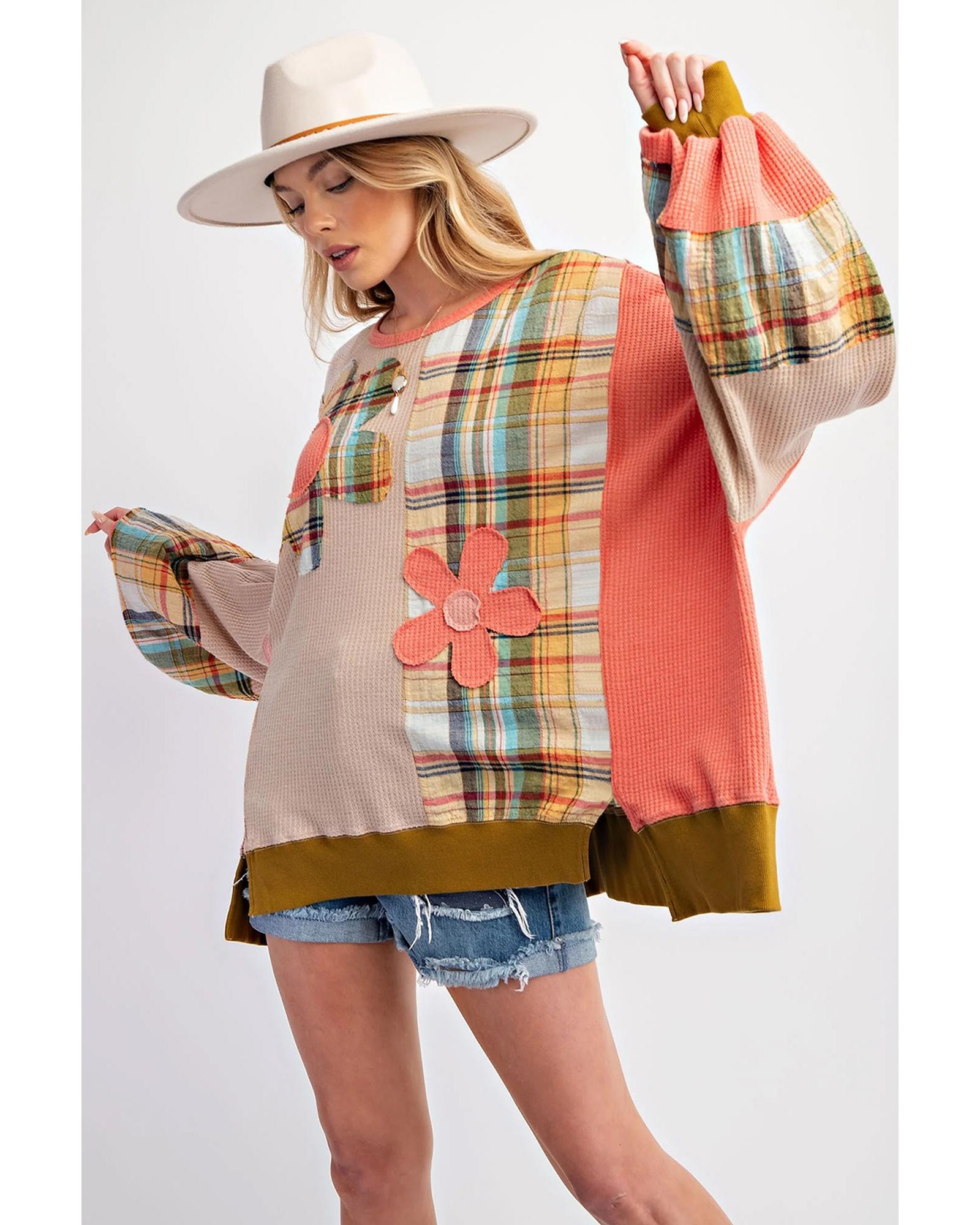 V539-AZEXDC25318383-P22-S-202506130505-00 Multicolour Waffle Knit Plaid Patchwork Side Slits Loose Sweatshirt - S - Image 1